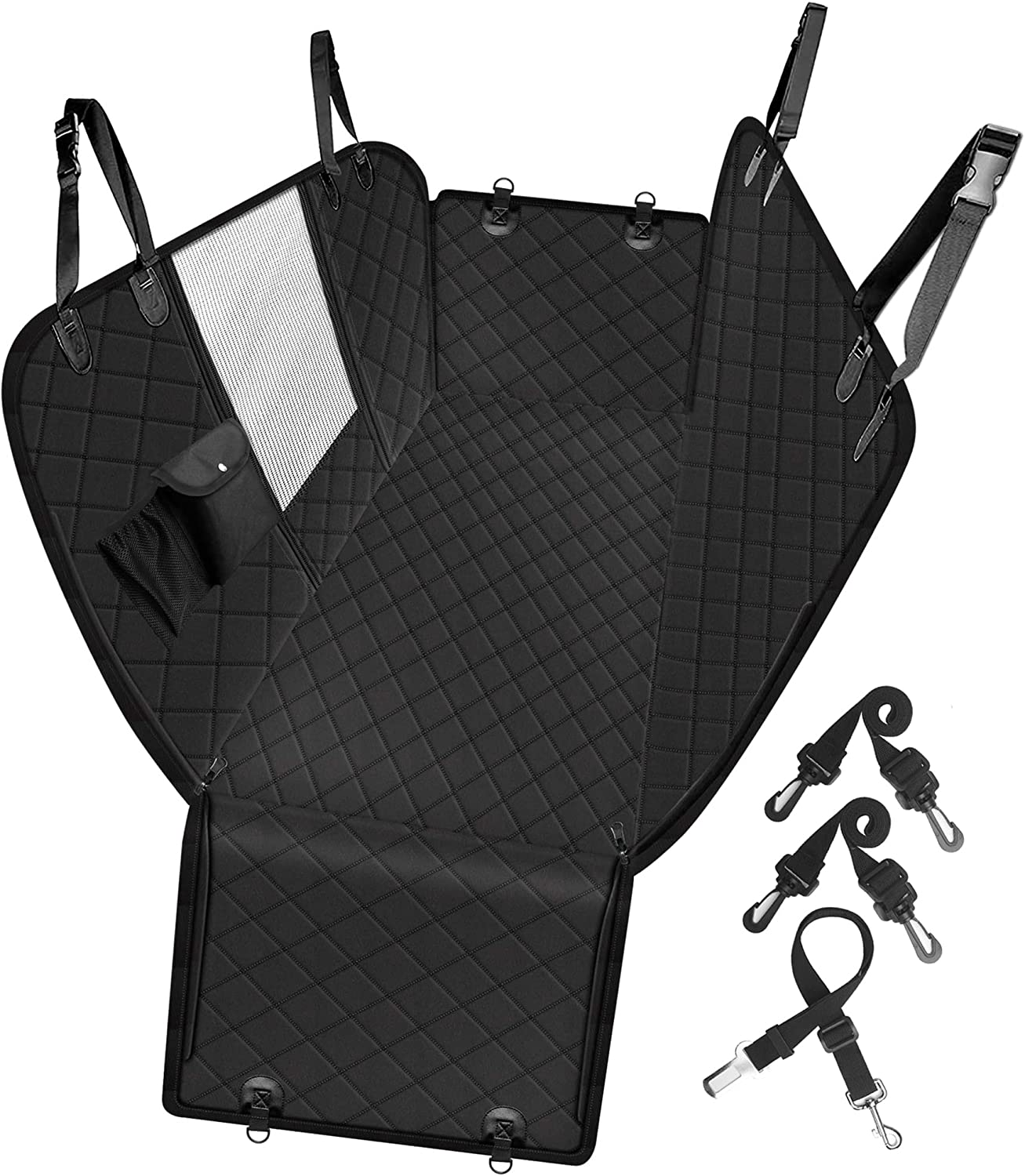 Femuar Dog Car Seat Cover, Waterproof Nonslip Pet Seat Cover for Back Seat with Storage Pockets Mesh Visual Window, Scratch Proof Pet Dog Seat Cover Hammock for Cars Trucks and Suvs, Xl-Black