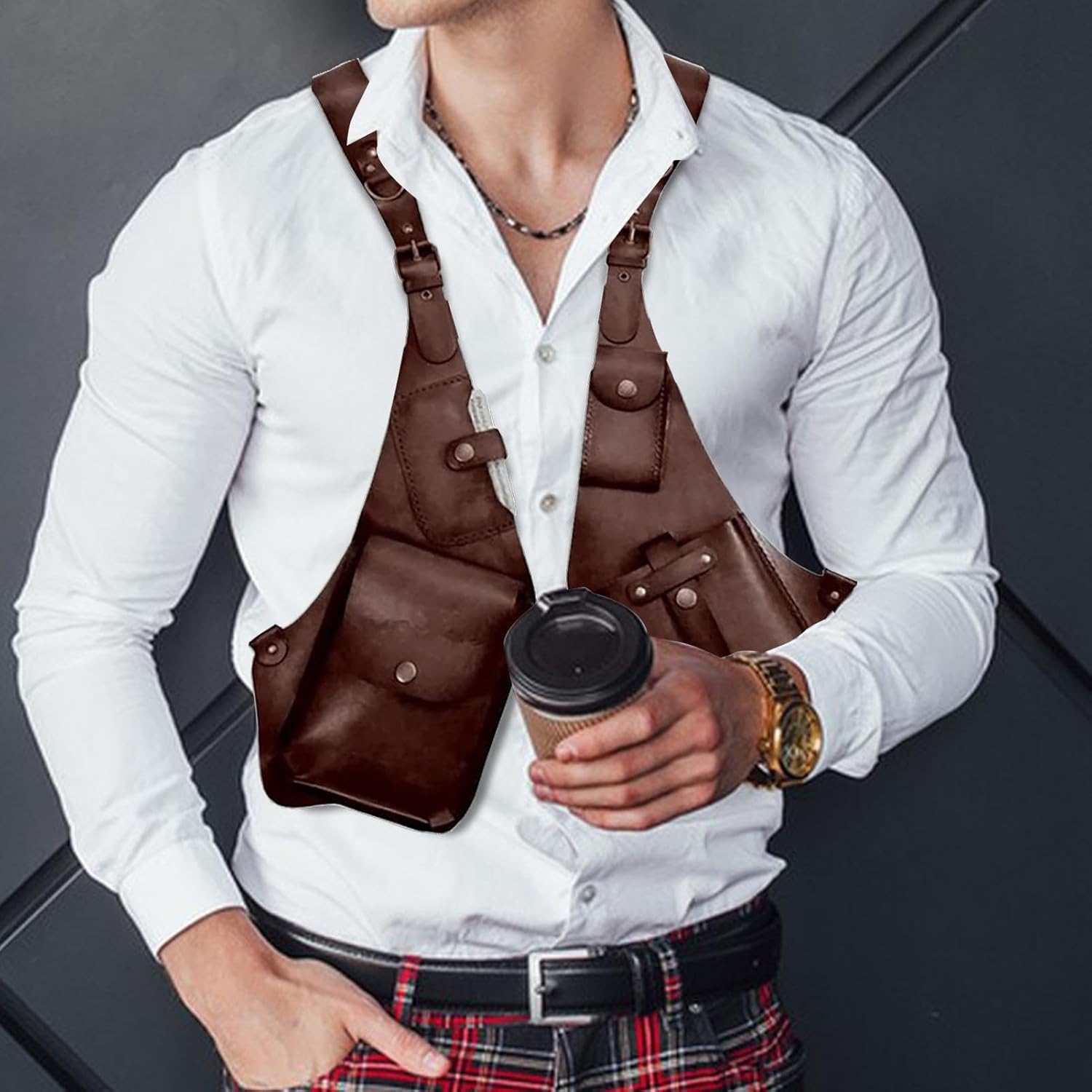 Leather Safety Belt with Adjustable Security Pocket Theft Protection Safety Belt for Men | Medieval Vintage Design with Double Straps, Handy Pocket for Cell Phones, Dark Brown, Consulte La Descripci&oacute;n - Dark Brown image number 1