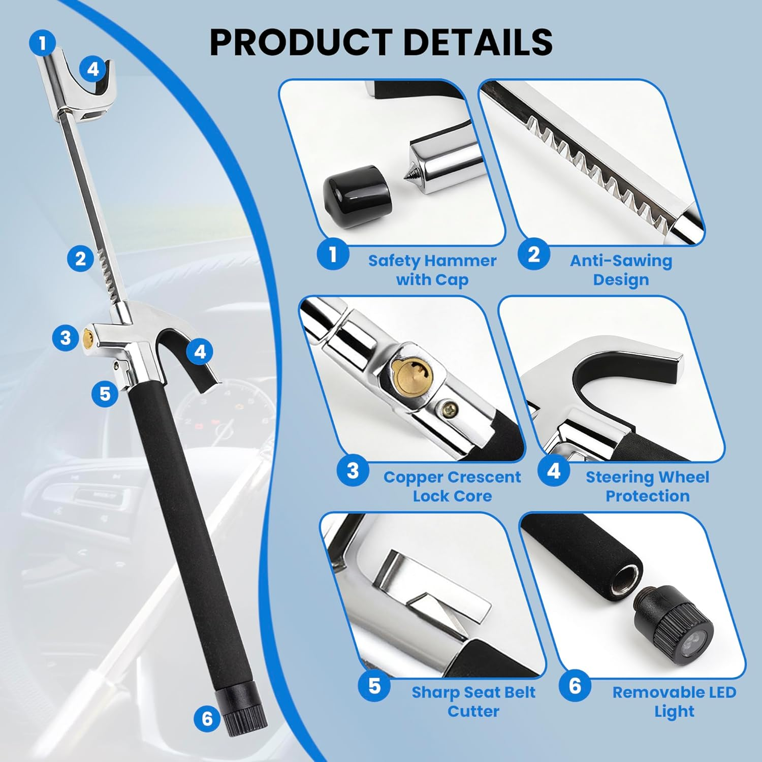 4-In-1 Steering Wheel Lock with Flashlight/Sos LED Ligth,Seat Belt Cutter,Escape Hammer,2 Keys Retractable Steering Lock,Vehicle Anti-Theft Lock，Universal for Auto/Truck/Suv/Van Black image number 6