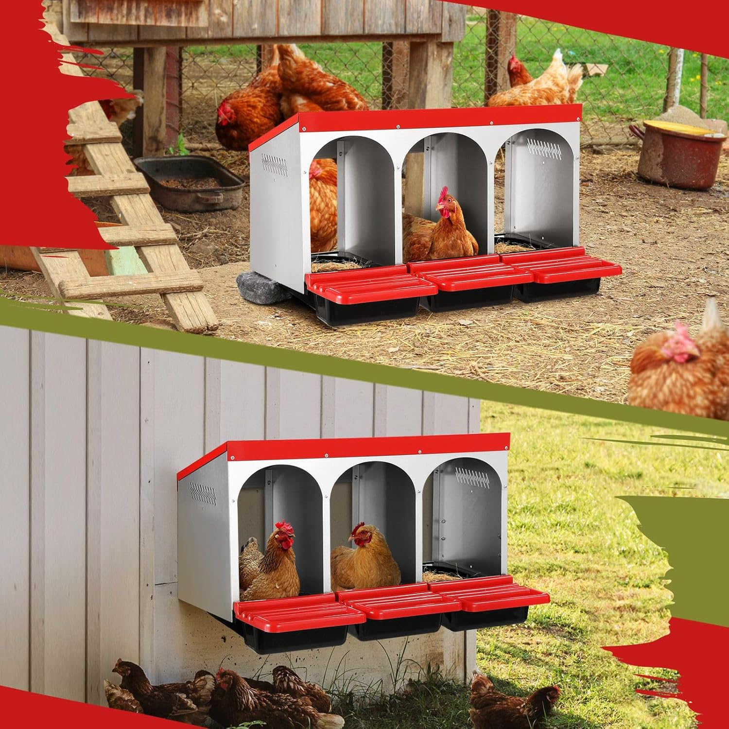 3 Compartment Nesting Box Chicken Hen Roll Away Laying Nest Boxes Chook Brooder Poultry Coop Roost Egg Perch Galvanised Steel Plastic with Lid Vents image number 5