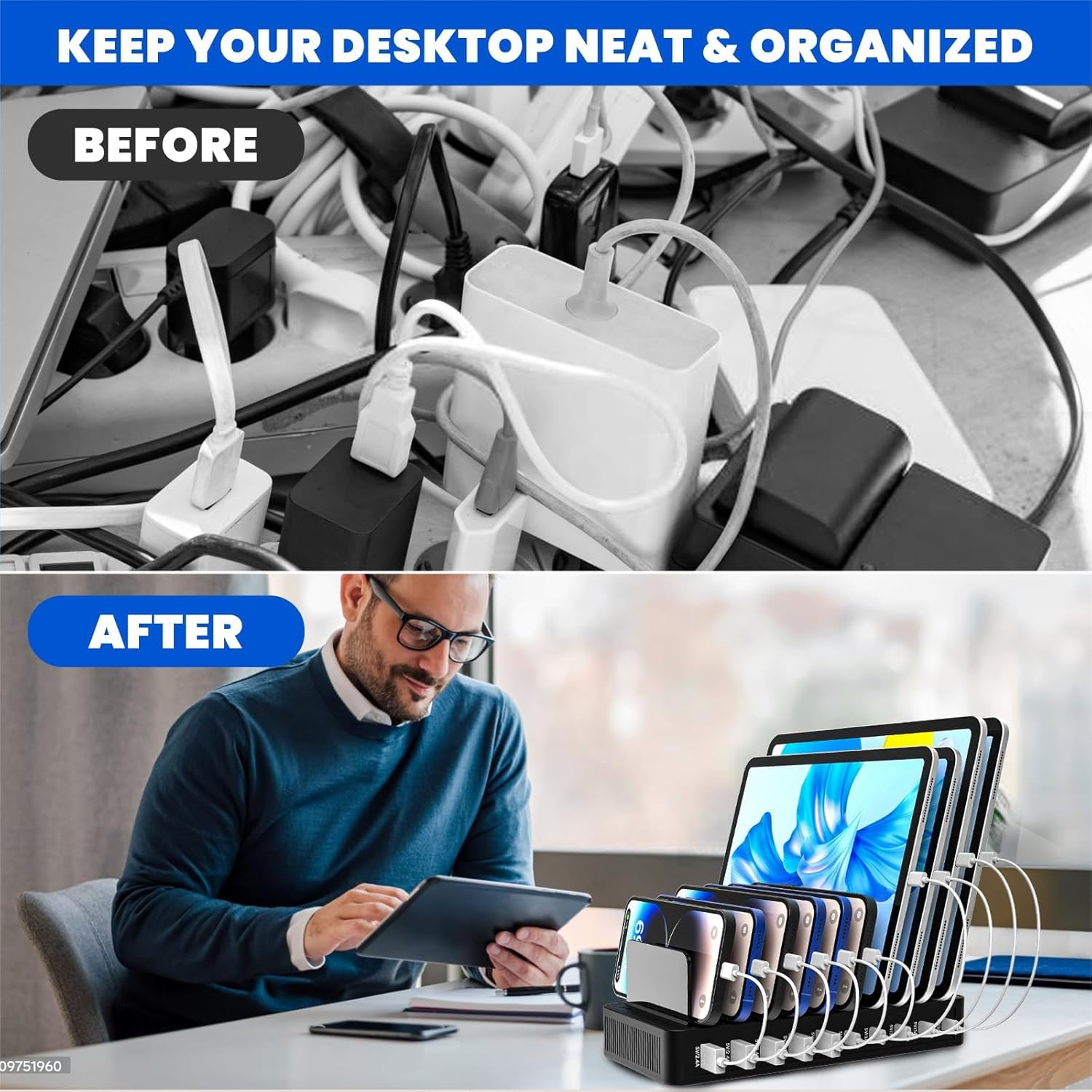 100W USB C Charging Station for Multiple Devices - 10 Ports USB Charger Hub with Smart IC Tech, Flat Plug, Adjustable Dividers, Compatible with Iphone, Ipad, Galaxy, Tablet