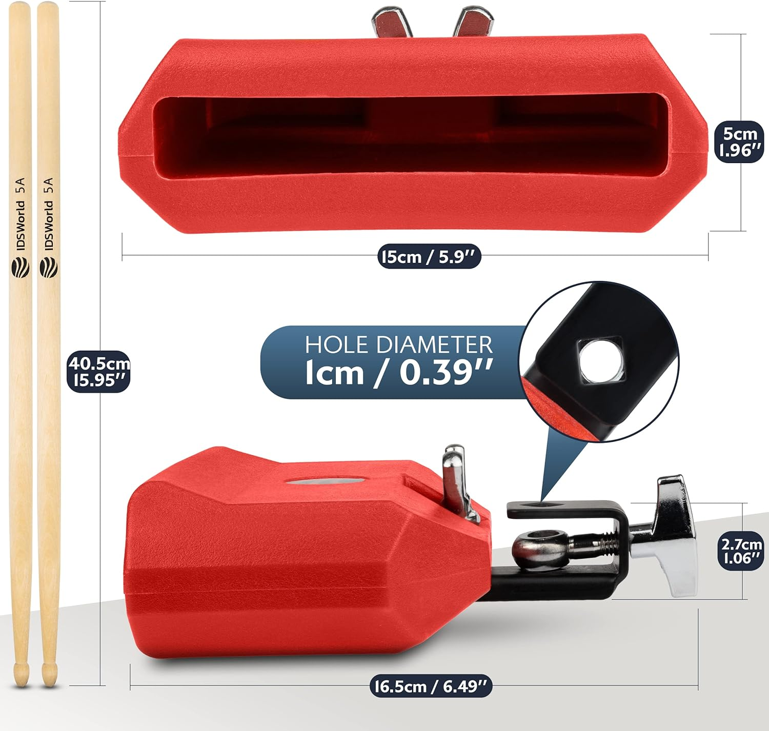 Jam Drum Block Latin Percussion Red Plastic Musical Instrument Adjustable Mount Bracket with A5 Maple Drum Sticks Set image number 1