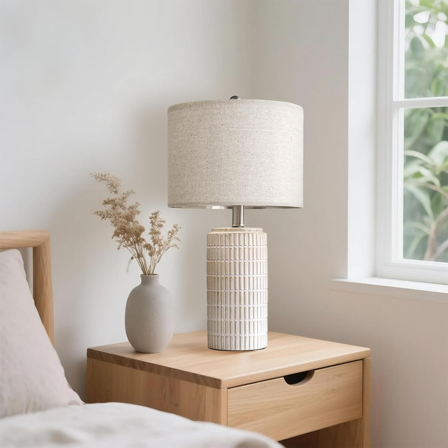 Clora Tall Bedside Lamp, Set of 2 Table Lamp, 3 Color Temperatures, Farmhouse Nightstand Light with Beige Lampshade for Living Room Bedroom Office Home Decor (Beige and White - 56Cm Ceramic Lamp) image number 1