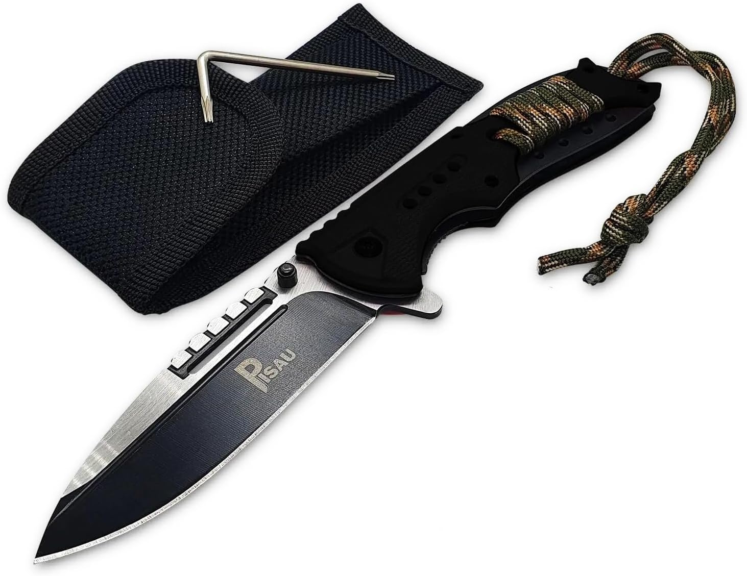 PISAU Stainless Steel Camping Folding Knife with Sheath and Paracord (Black)