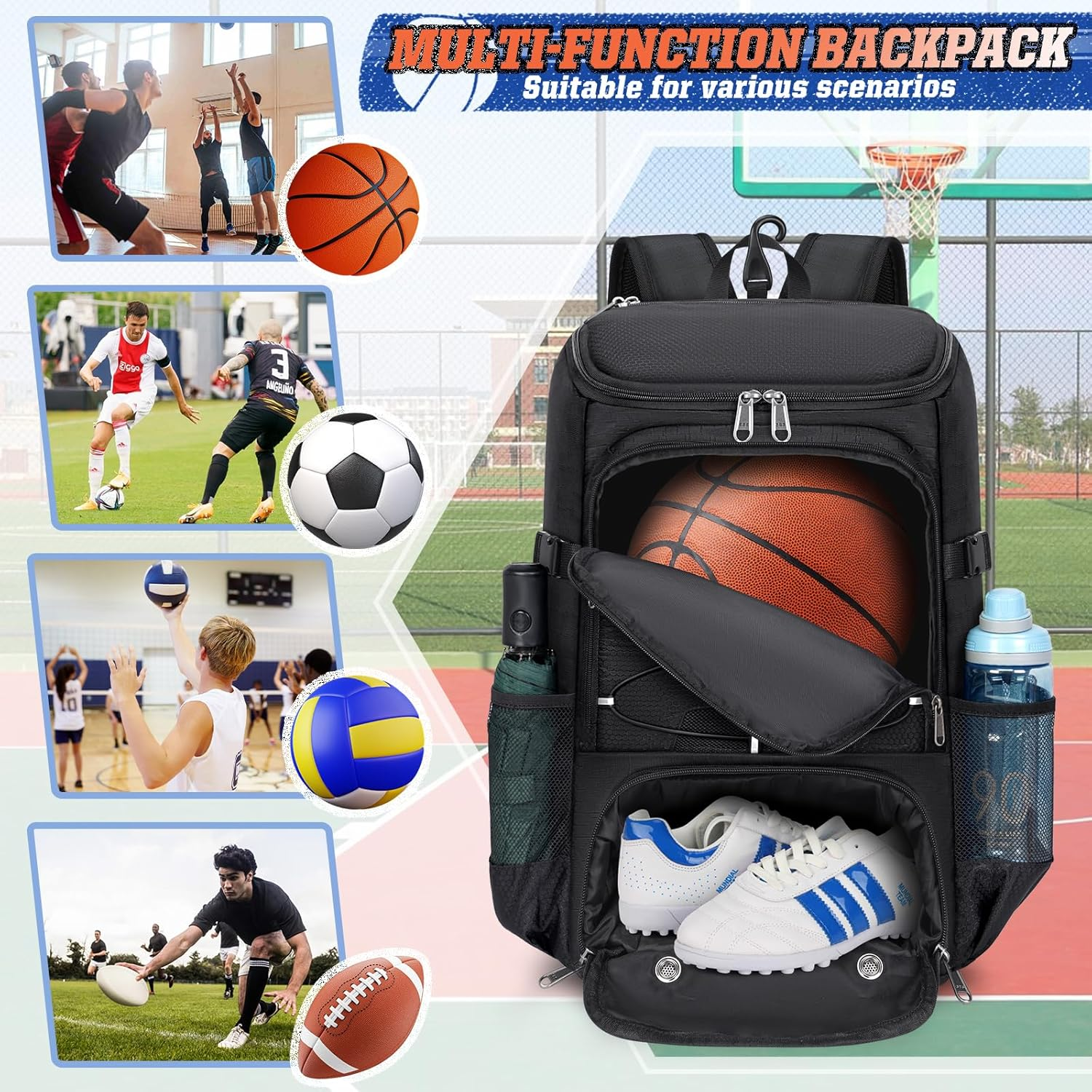 Basketball Backpack 45L Basketball Bag with Separate Ball Holder & Shoes Compartment Water Resistant Sports Bag Basketball Equipment Bags Fit Volleyball, Soccer, Swim, Gym, Travel