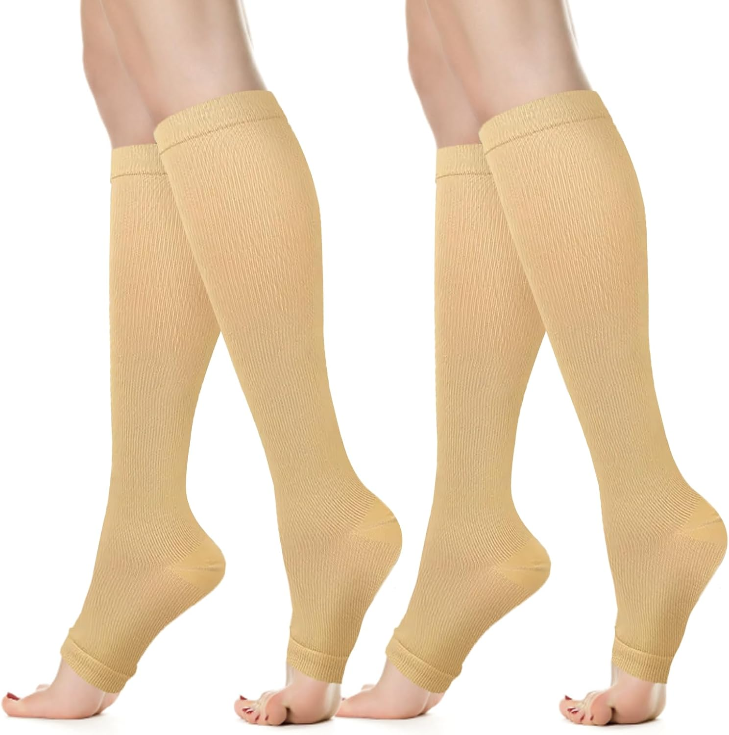 Viiotu Open Toe Compression Socks for Men & Women - 2 Pairs 15-20 Mmhg Knee High Flight & Travel Socks for Circulation Support