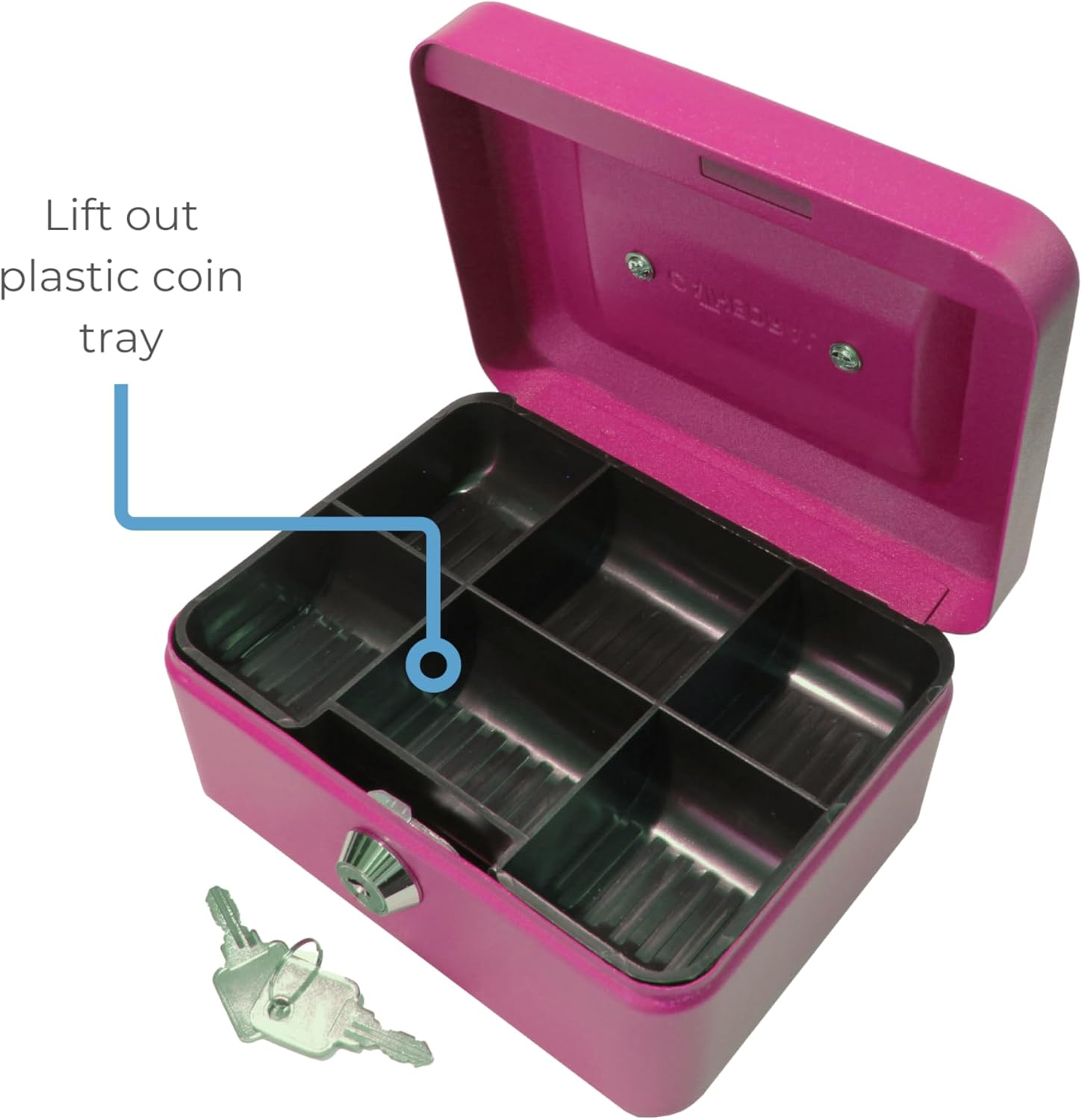 Cathedral Products Key Lockable Cash Box with Lift Out 6 Compartment Coin Tray - 6 Inch - Pink image number 3