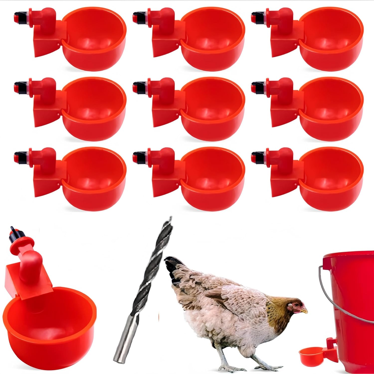 10 Pack Automatic Chicken Waterer Cups Poultry Drinker Kit for Chickens, Ducks, Turkeys Self-Filling Water Feeder with Drill Bit for Buckets, Barrels No Spill, Low Maintenance