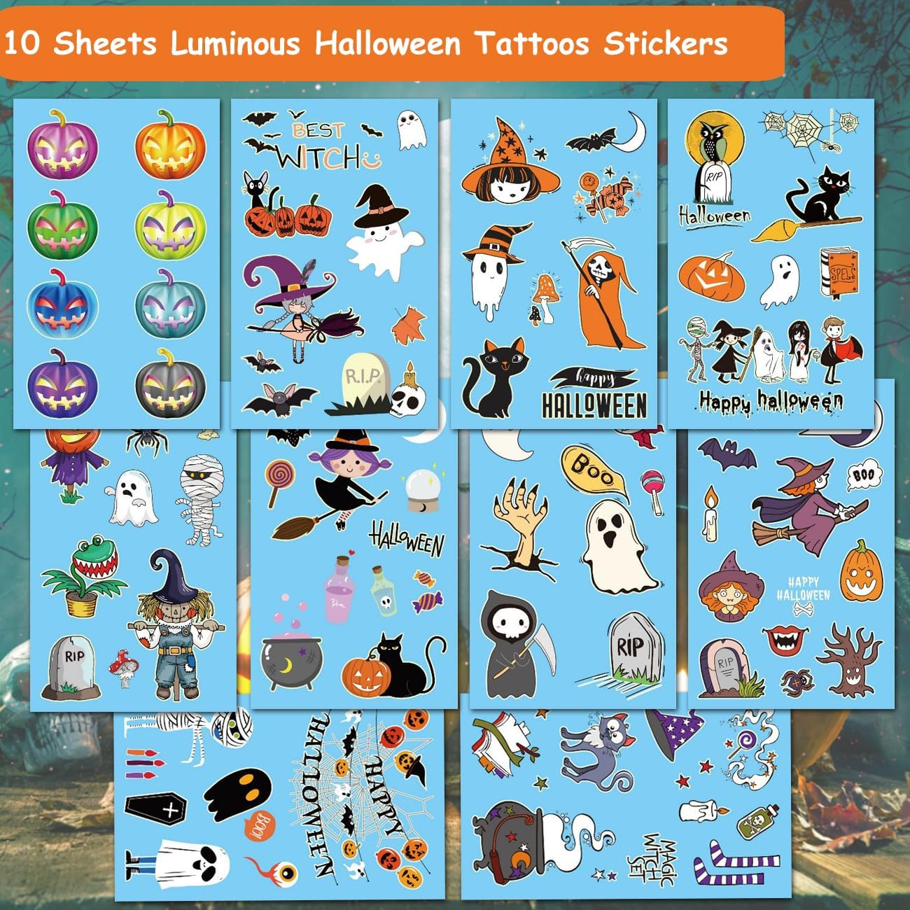 CHARLENT Luminous Temporary Halloween Tattoos for Kids Party Supplies - 100 Styles Glow in the Dark Halloween Pumpkin Ghost Skeleton Tattoos for Boys and Girls, Halloween Party Favors