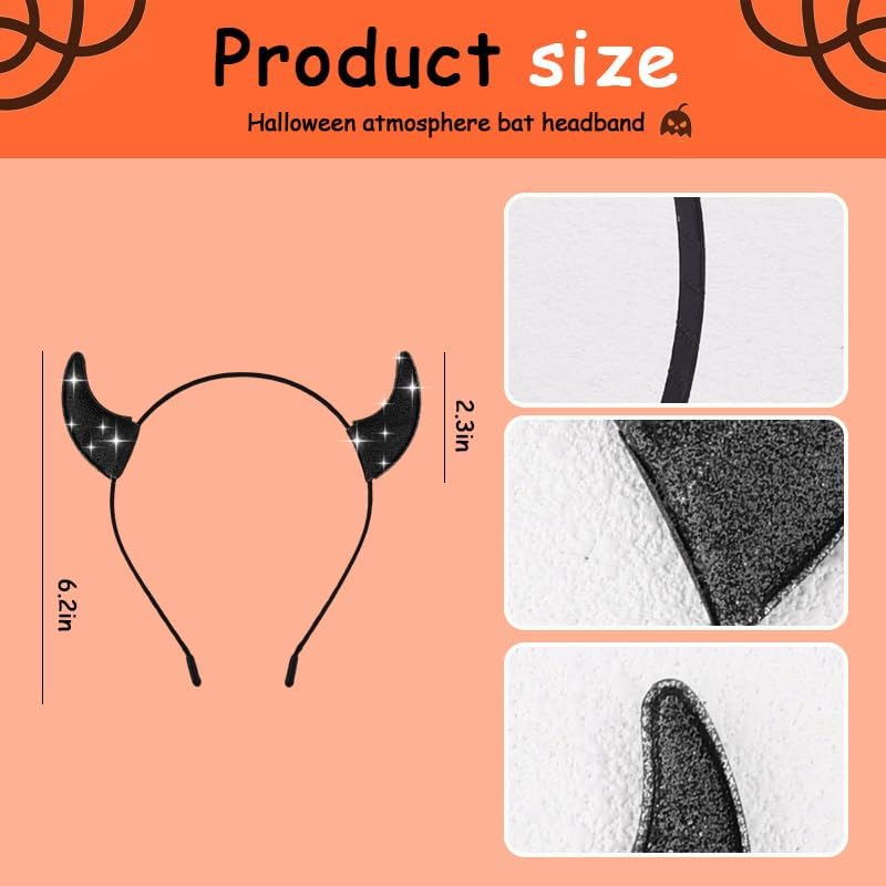 Glitter Devil Horn Headband Halloween Cosplay Costumes for Girls Women Black Horns Halloween Costume Accessories for Kids Adult Sparkly Bling Devil Horns Cosplay Horn Hair Accessories for Party Outfit image number 3