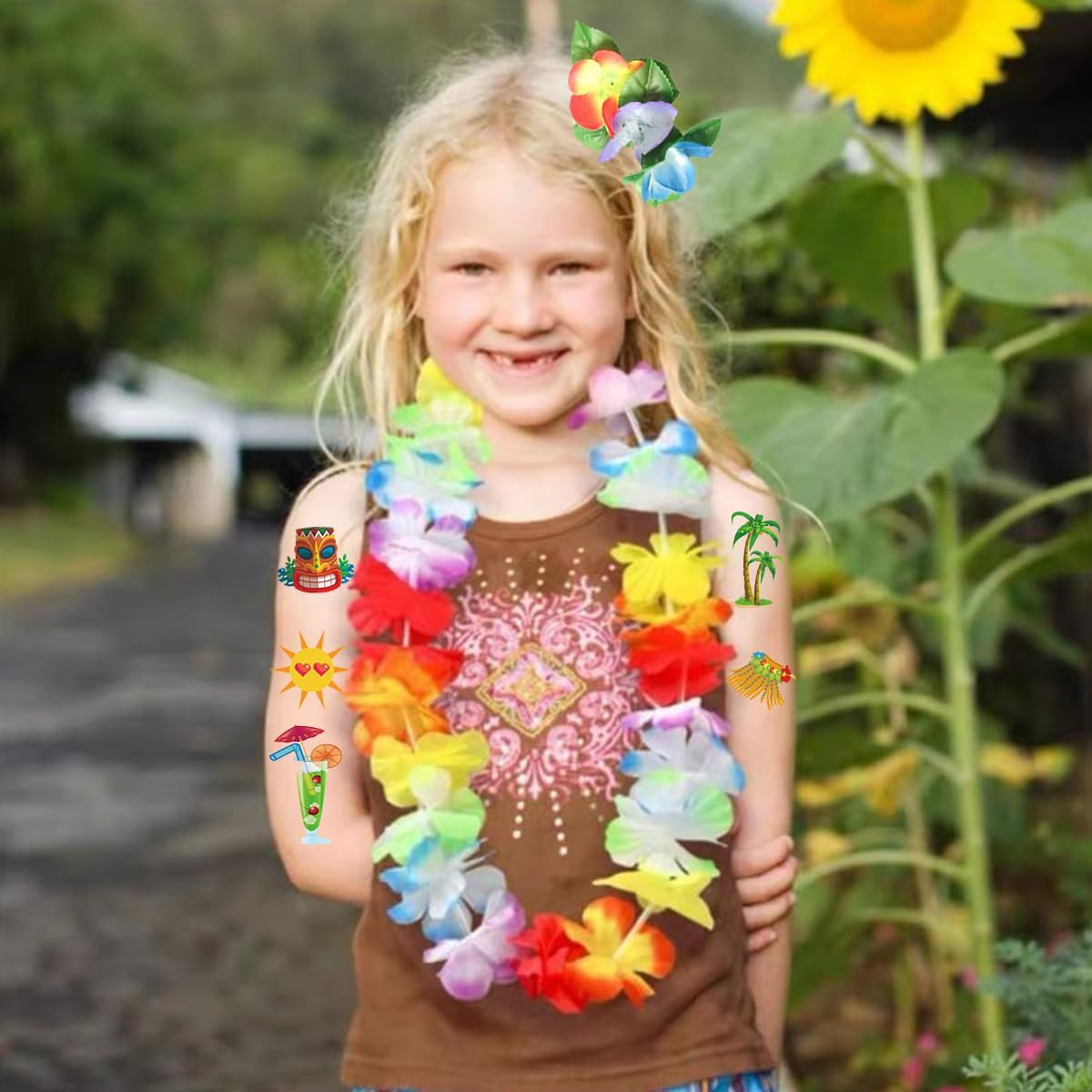 8Pcs Hawaiian Hula Skirt Costume Set,40Cm Hawaiian Grass Skirt,Hawaii Leis,Pineapple Glasses for Kids Fancy Dress Supplies Summer Beach Tropical Party Decorations - Green image number 2