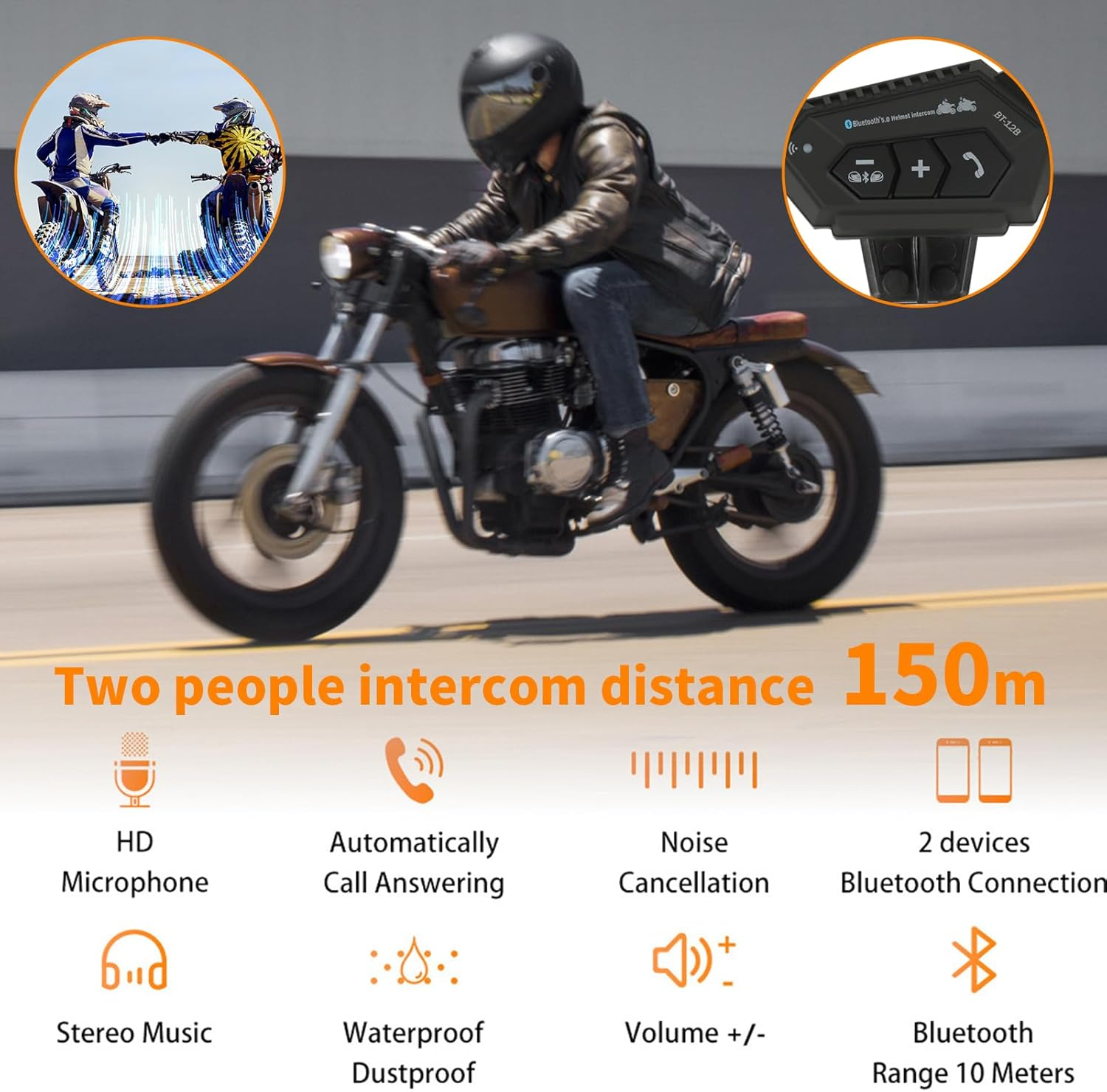 VOBOR Motorcycle Helmet Headset, BT12B 5.0 Helmet Headphones Bluetooth, 150 M Wireless Hands-Free Phone Mic Motorcycle Intercom Headset He-Lm, Hi-Fi Moped Accessories (2000 Mah) image number 5