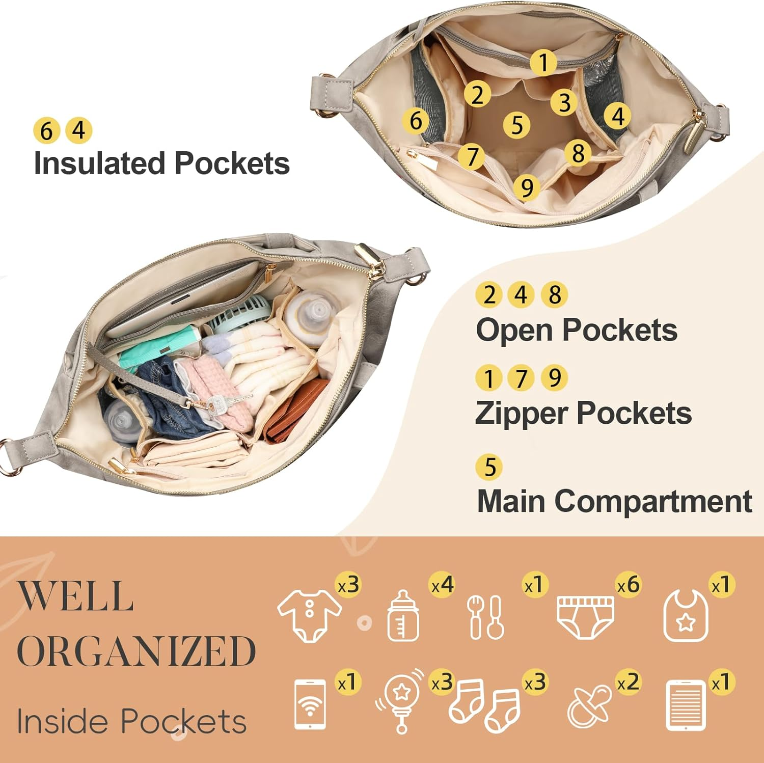 Miss Fong Diaper Bag Tote Baby Bag Leather Diaper Bag Backpack Large Diaper Tote Bag for Girls & Boys Diaper Bag Purse with 11 Diaper Bag Organizer,Changing Pad, Stroller Straps,4 Insulated Pockets - Black image number 6