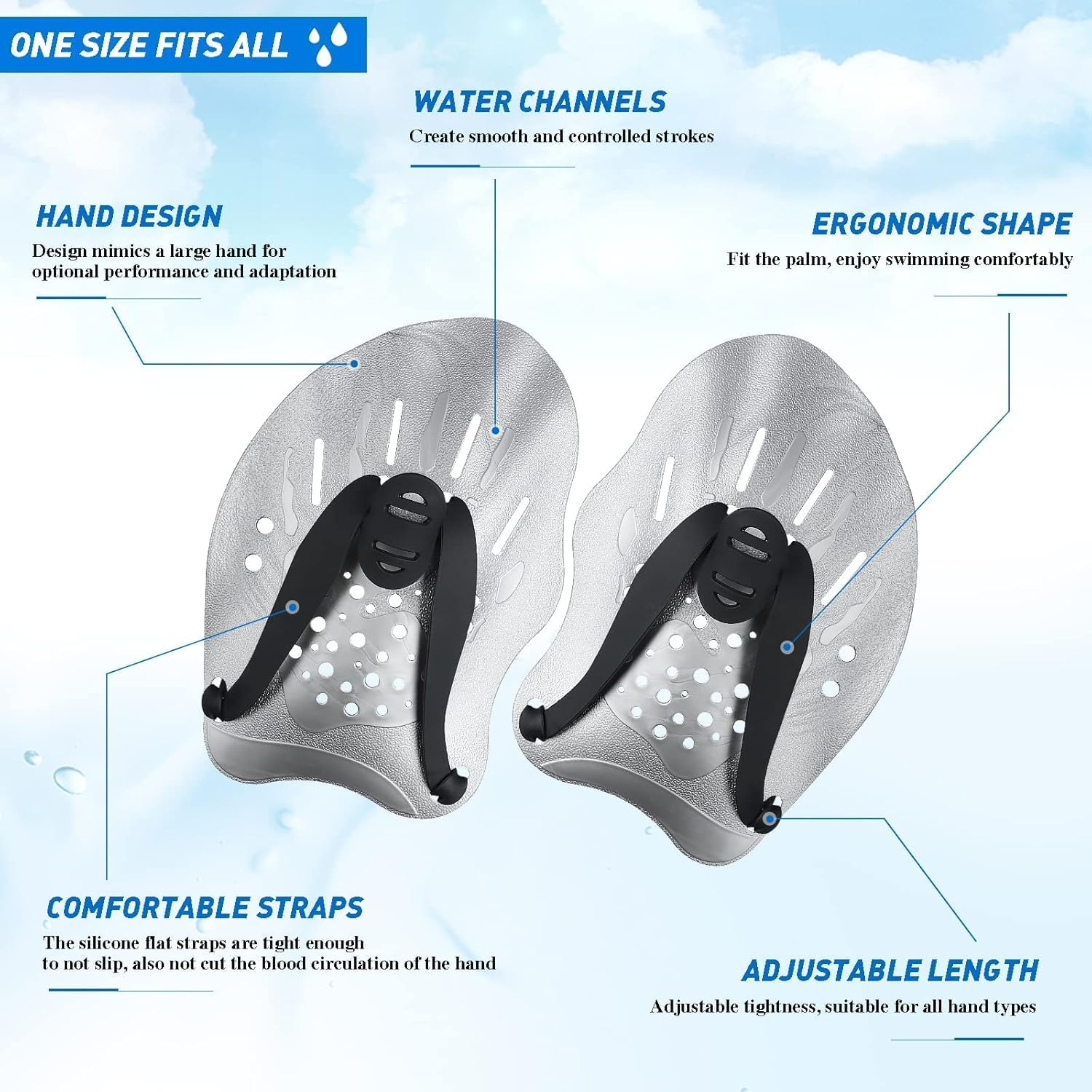 THJOPOKEEL Swim Paddles Hand, Swim Paddles for Lap Swimming - Swim Hand Paddles with Adjustable Straps, Swimming Equipment for Women Men Children (1 Pair) - Grey image number 4