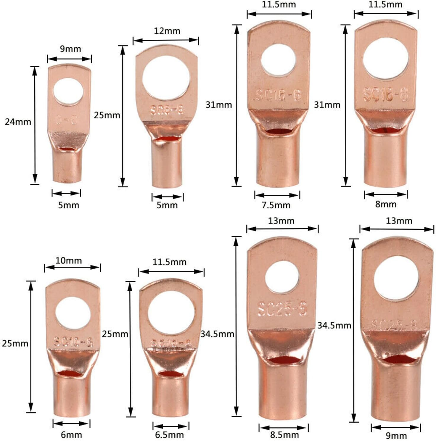 60PCS Copper Wire Lugs Tinned Battery Cable Lug Crimp SC Terminals Awg4/6/8/10/12;6/8Mm Ring Teminals;6/10/16/25Mm&sup2; Wire Connectors Crimp Terminal Assortment Kit image number 2