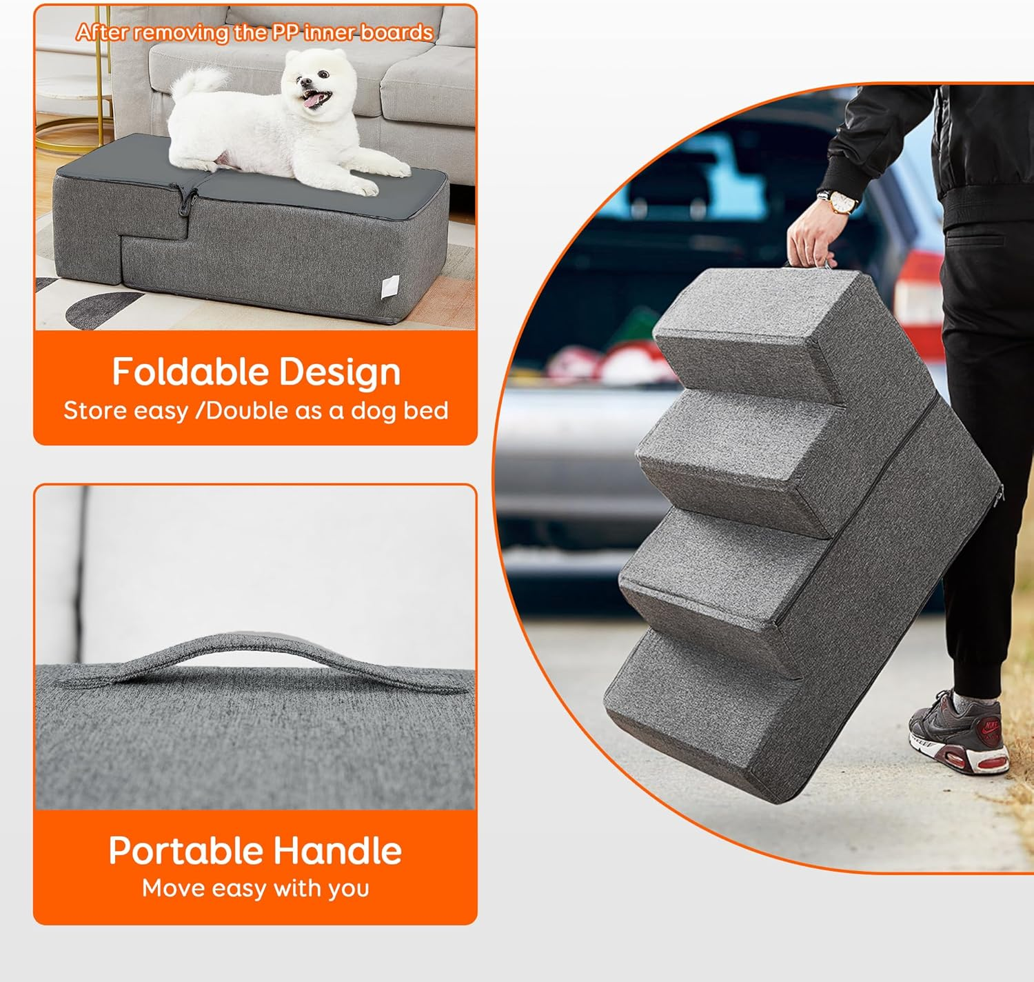 Dog Stairs & Steps for Small Dogs Cats Holds up to 25Kg, Pawque Pet Steps for High Bed Couch, Shock Absorbing Foam with High-Strength Boards for Pet Safe, Non-Slip Removable Washable Cover, 4 Step-Grey ( 45Cm High) image number 2