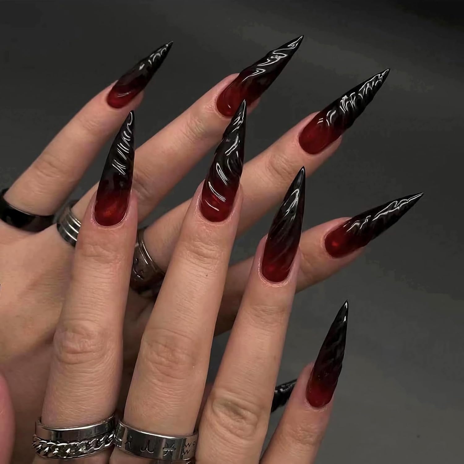 MISUD Stilettos Long Glossy Fake Nails Glue on Nails Gothic Almond Acrylic Fake Nails Gothic Red Black Gradient Fake Nails 3D Design Fake Nails 24PCS image number 4