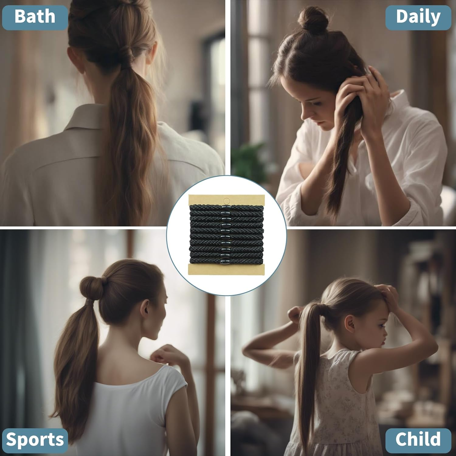 Pack of 10 Hair Bobbles for Girls, Black Elastic Bands, Scrunchies Girls Set, Braided Scrunchies without Metal, Hair Bands, Ponytail Holder for Thick Hair and Curly Hair (Black) image number 3