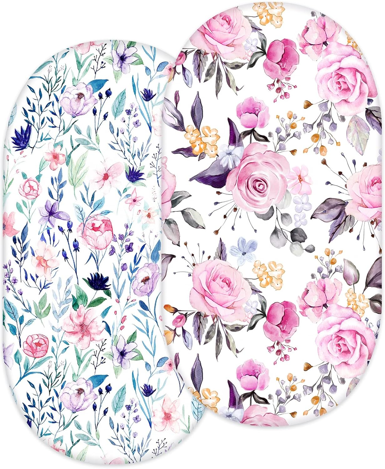 Bassinet Sheet 2 Pack Ultra Stretch Bassinet Fitted Sheet for Baby Girls Boys, Soft Universal Snug Fits Rectangle, Oval and Hourglass Bassinet Pad/Mattress, Stylish Floral