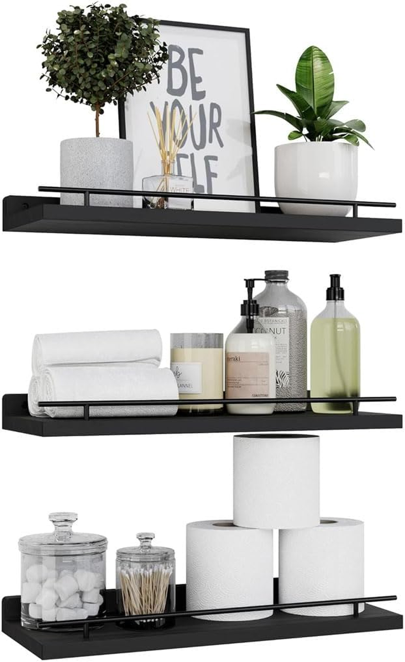 Delsol Floating Shelves with Metal Guardrail Set of 3, Wall Mounted Shelves for Wall Decor, Shelf for Bedroom, Bathroom, Kitchen, Living Room, Plants, Picture Frames, Art (White)