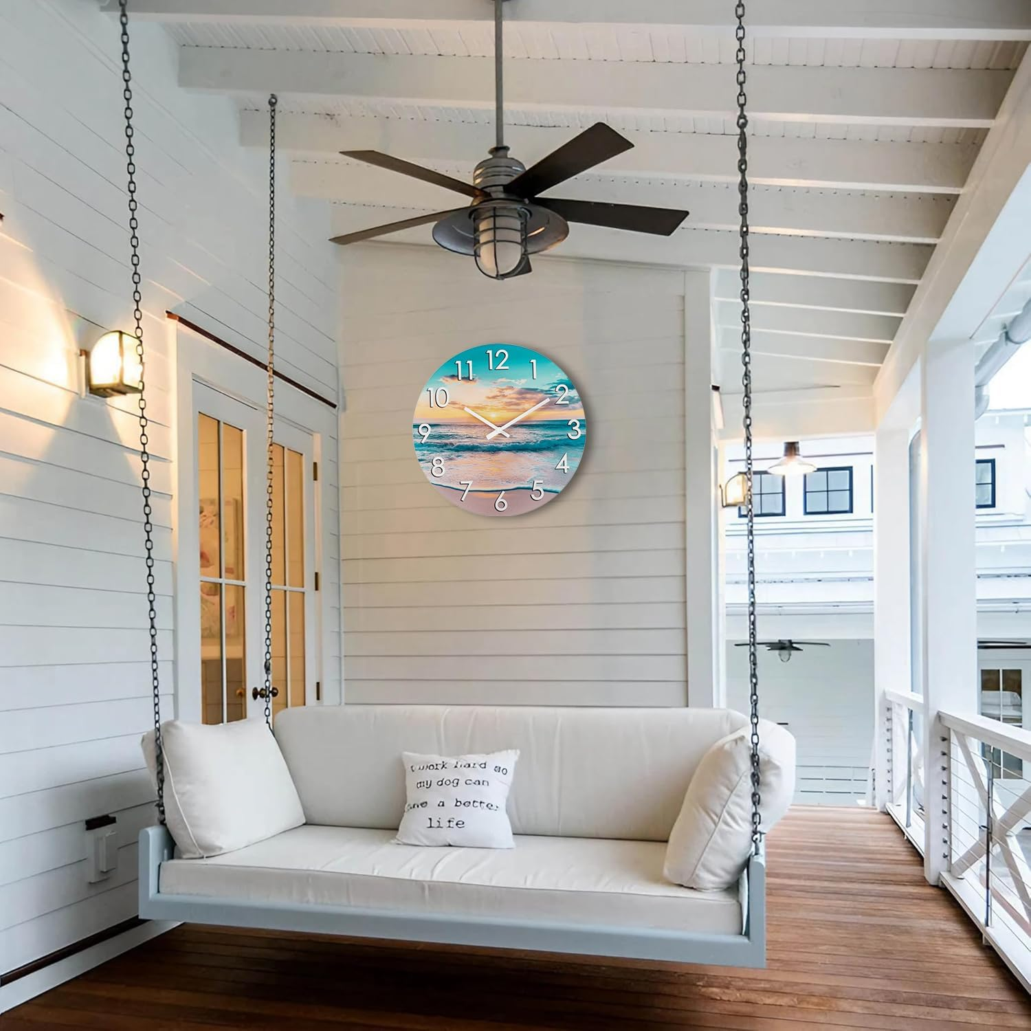 14 Inch Outdoor Clock, Waterproof Indoor/Outdoor Wall Clock with Beach Coastal Theme Large Glass Clock for Patio, Pool, Garden Decor -Blue - 14 Nautical Blue image number 6