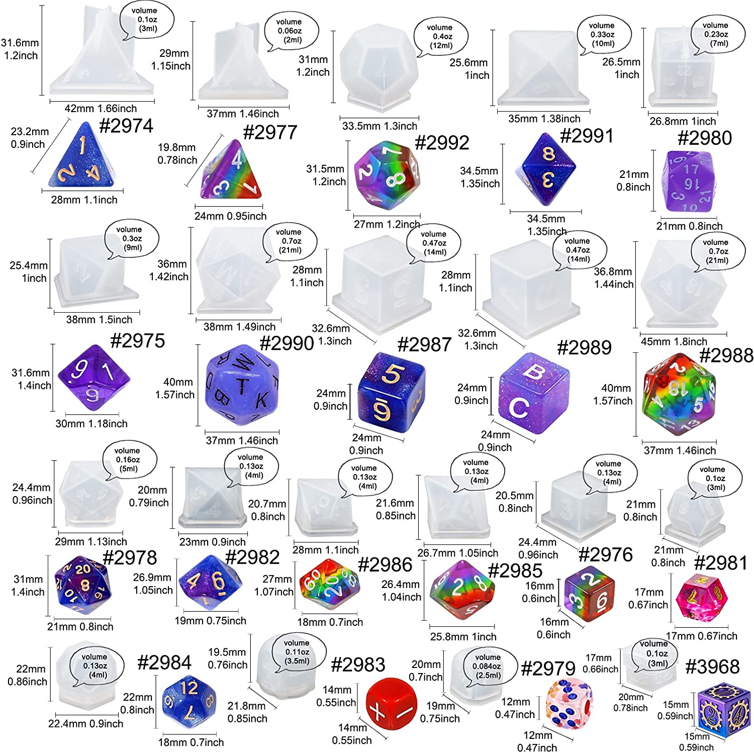 Resin Dice Mould Epoxy Casting Kit Set Number Letter Operation D4 D6 D8 D10 D12 D20 D24 20-Count 0.7-1.6Inch image number 6