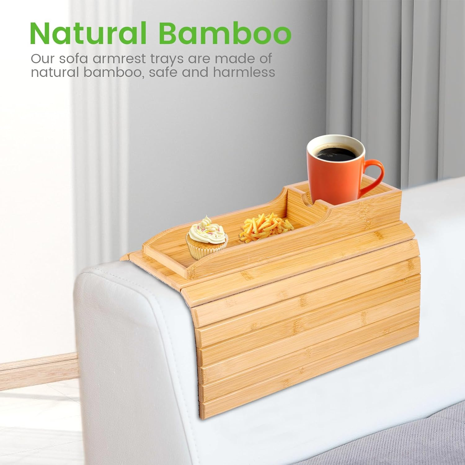 Bamboo Couch Cup Holder, Couch Tray & Cup Holder for Drink & Snack, Versatile Couch Drink Holder & Sofa Armrest Tray with Cup Holder, Protection Armrest Tray for Cups Snacks Remote Control image number 2