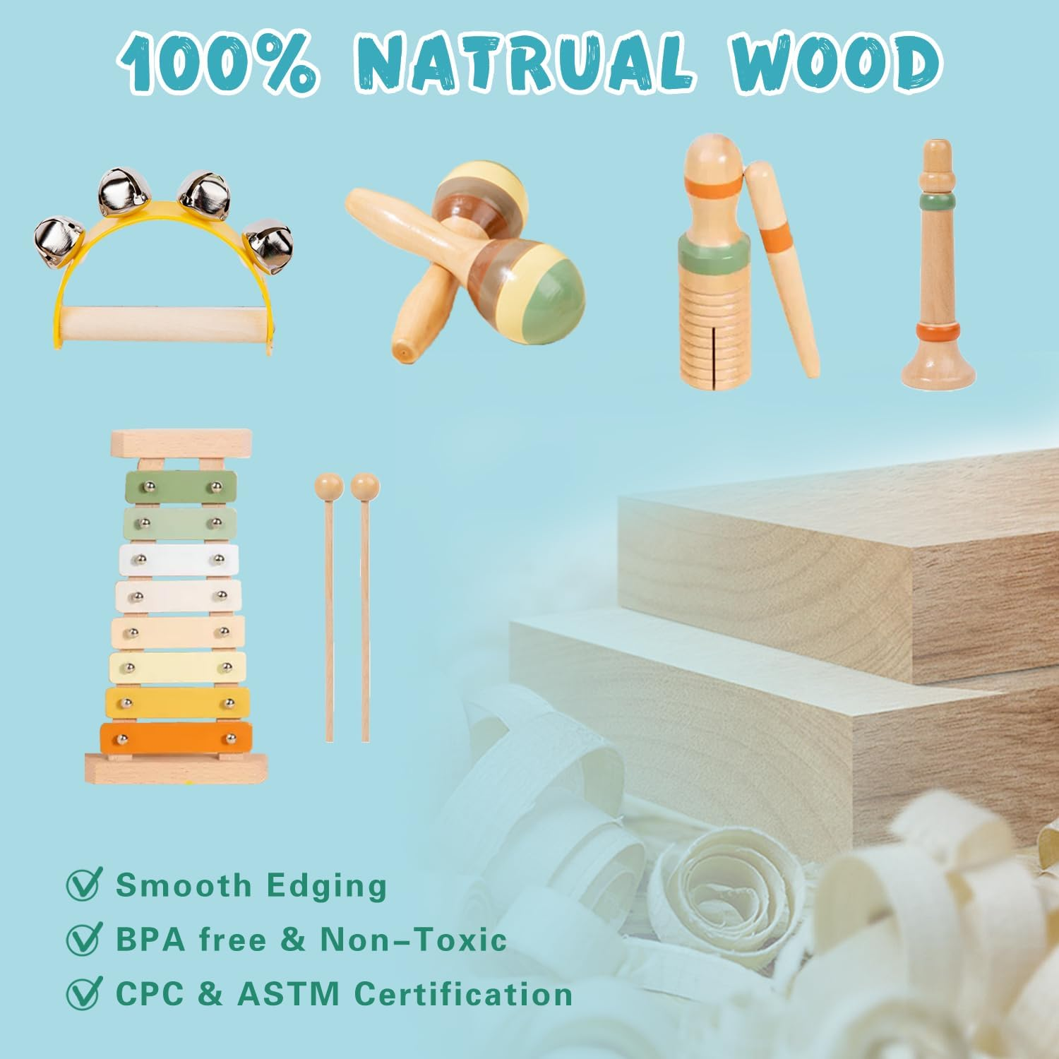 7 in 1 Musical Instruments Set for Toddler, Wooden Montessori Toys Best Birthday Gifts for Boys and Girls, Preschool Educational Musical Toys for 1 2 3 Year Old