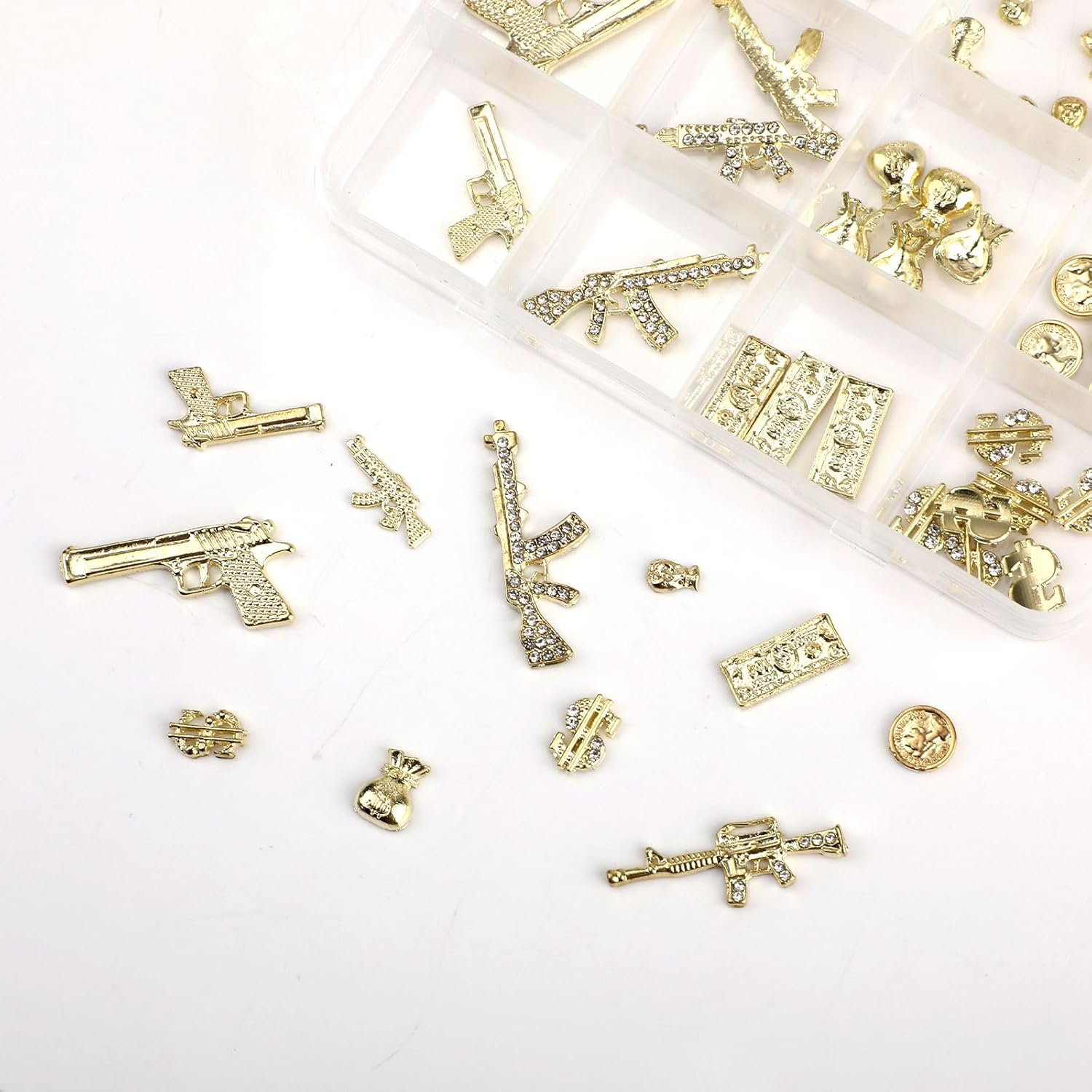 62Pcs 3D Nail Ornaments Gold Alloy Gun Dollar Shape Nail Decoration Accessories for Women Girls Manicure Design DIY Crafts image number 1