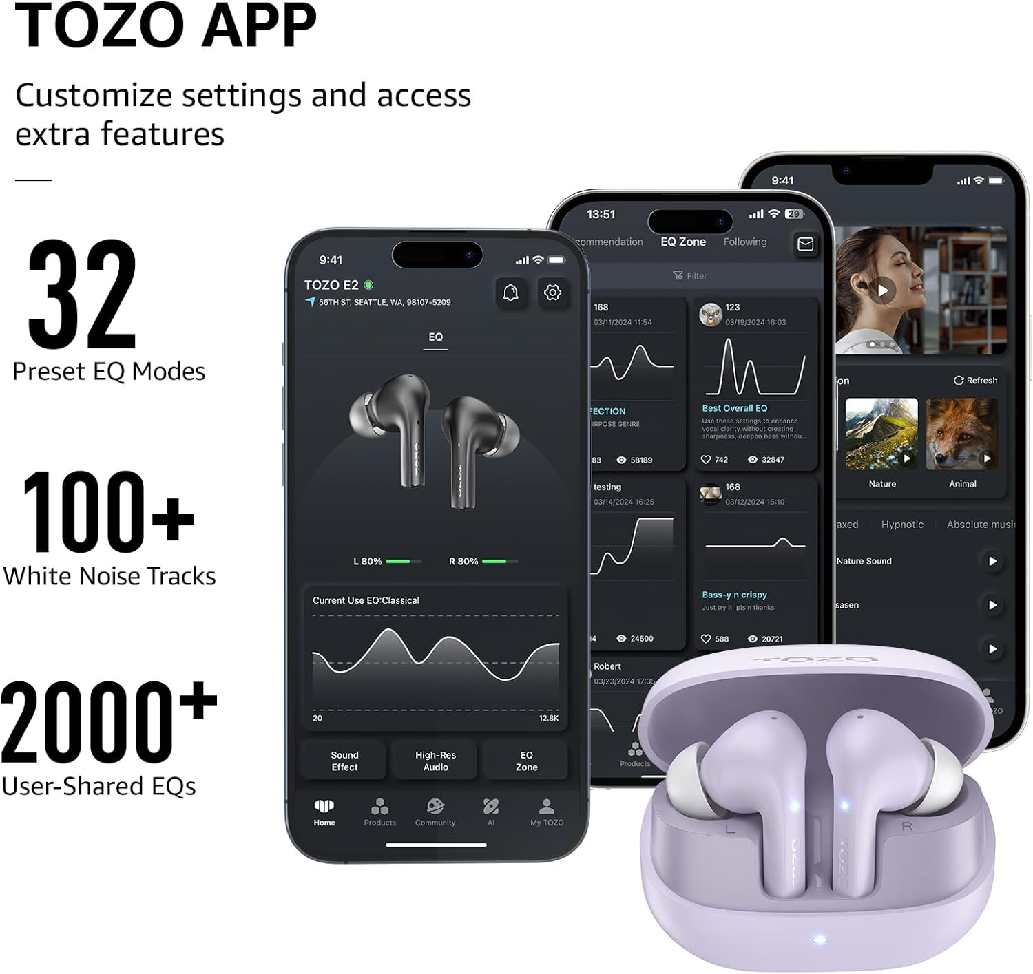 TOZO New E2 Wireless Earbuds with Call Noise Cancellation, App Customize 32 Eqs, 10Mm Drivers Powerful Bass, 30H Playtime, 2 Mics for Clear Calls, Bluetooth 5.3 Headphones, Comfort Fit In-Ear Headset image number 4