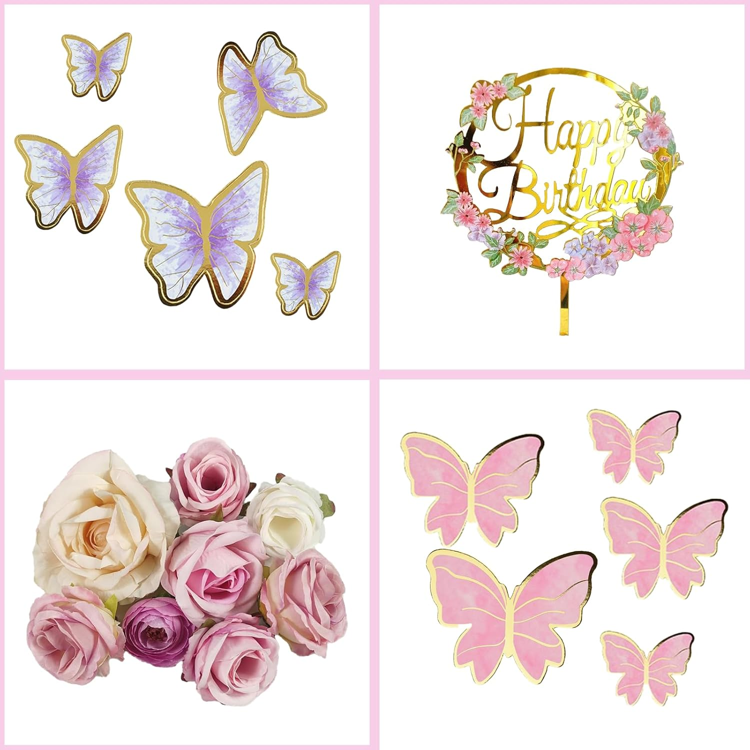 28 Pcs Butterfly Cake Topper Butterfly Cake Decorations with Artificial Flowers for Women Girls Birthday Anniversary Party Supplies image number 1