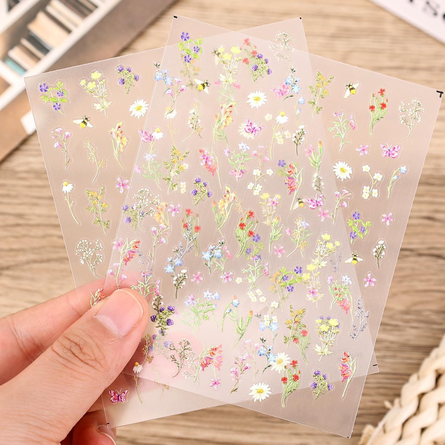 BOXOB 2 Sheets 5D Embossed Flower Nail Stickers, Floral Plant Manicure Stickers Self-Adhesive Spring Summer Accessories for Nail Design Decoration for Women Girls image number 2