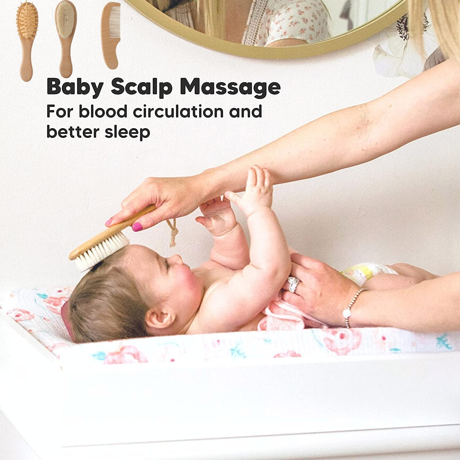 3 Piece Wooden Baby Hair Brush and Comb Set Natural Goat Bristles Brush for Newborns and Toddlers Perfect for Baby Shower and Registry image number 6