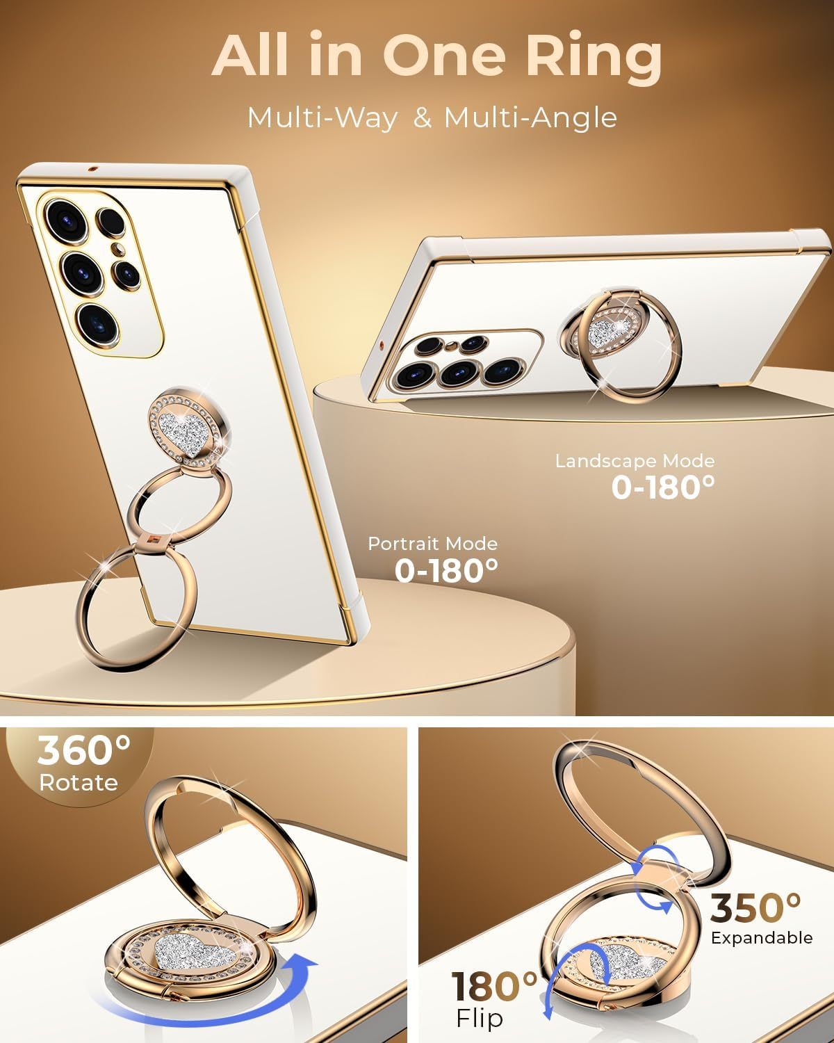 XYZ for Galaxy S25 Ultra Case with Stand, for Samsung Galaxy S25 Ultra Case with Double Ring Kickstand, Women Girls Cute Love-Heart Bling Luxury Protective Phone Case for Samsung S25 Ultra, White image number 2