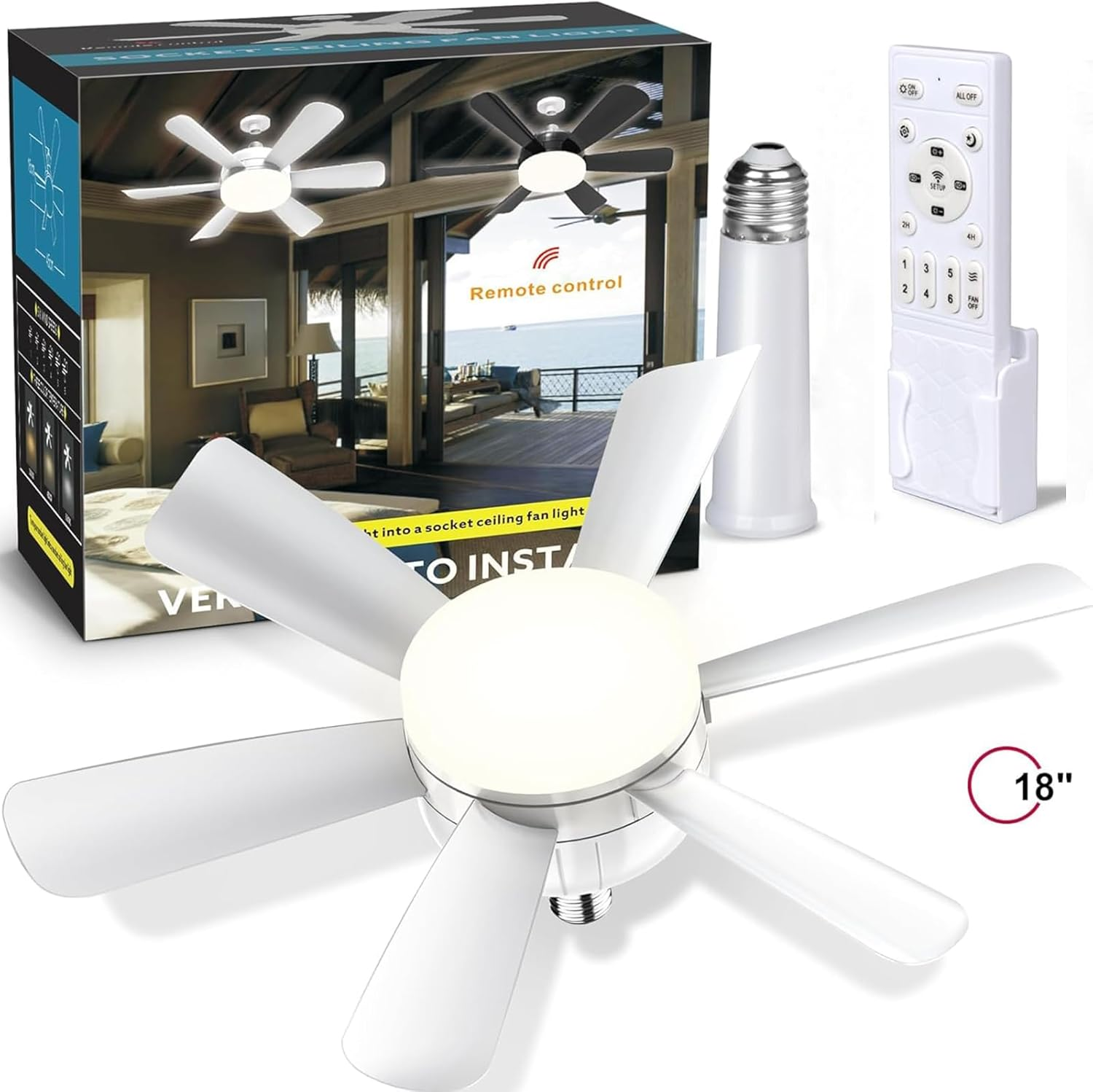 Socket Fan Light, Ceiling Fan with Light and Remote, 18" LED Fan Light Bulb for Bedroom, Kitchen, Living Room, 3 Fan Speeds and 3 Lighting Modes