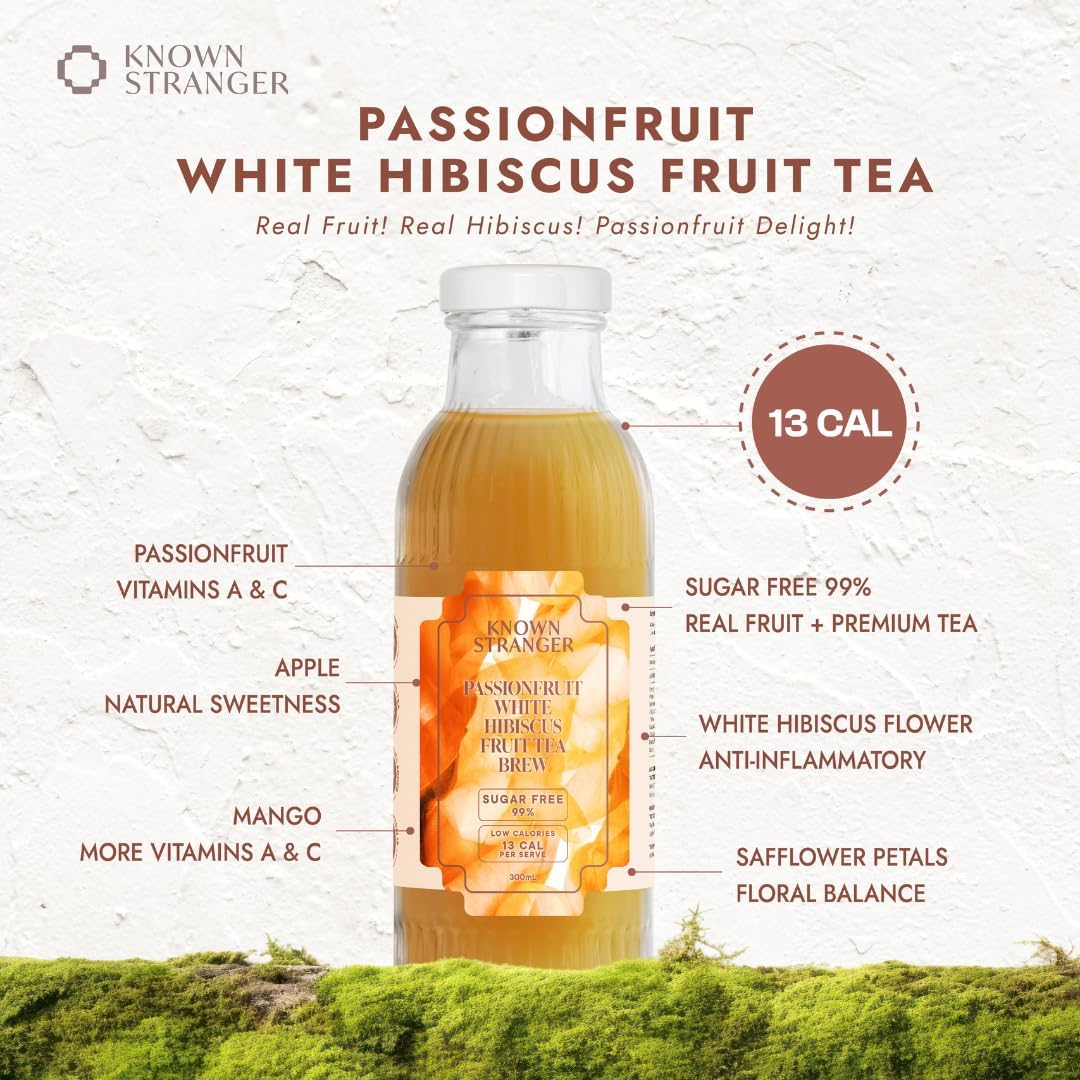 Known Stranger Fruit Tea Brew | Mixed Pack | 12 X 300Ml Glass Bottle (6 Flavours X2 Bottles Ea). Yuzu Butterfly Pea, Five Berries, Apple Cinnamon, Passionfruit Hibiscus, Mango Pineapple, Lemon Juice image number 2