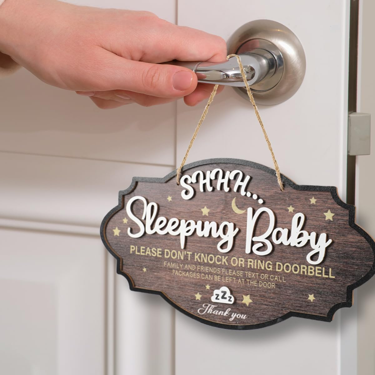 Baby Sleeping Sign for Front Door - Wooden Please Do Not Disturb Door Signs Do Not Knock or Ring Doorbell Baby Sleeping Sign for Nursery Home New Born Gifts image number 3