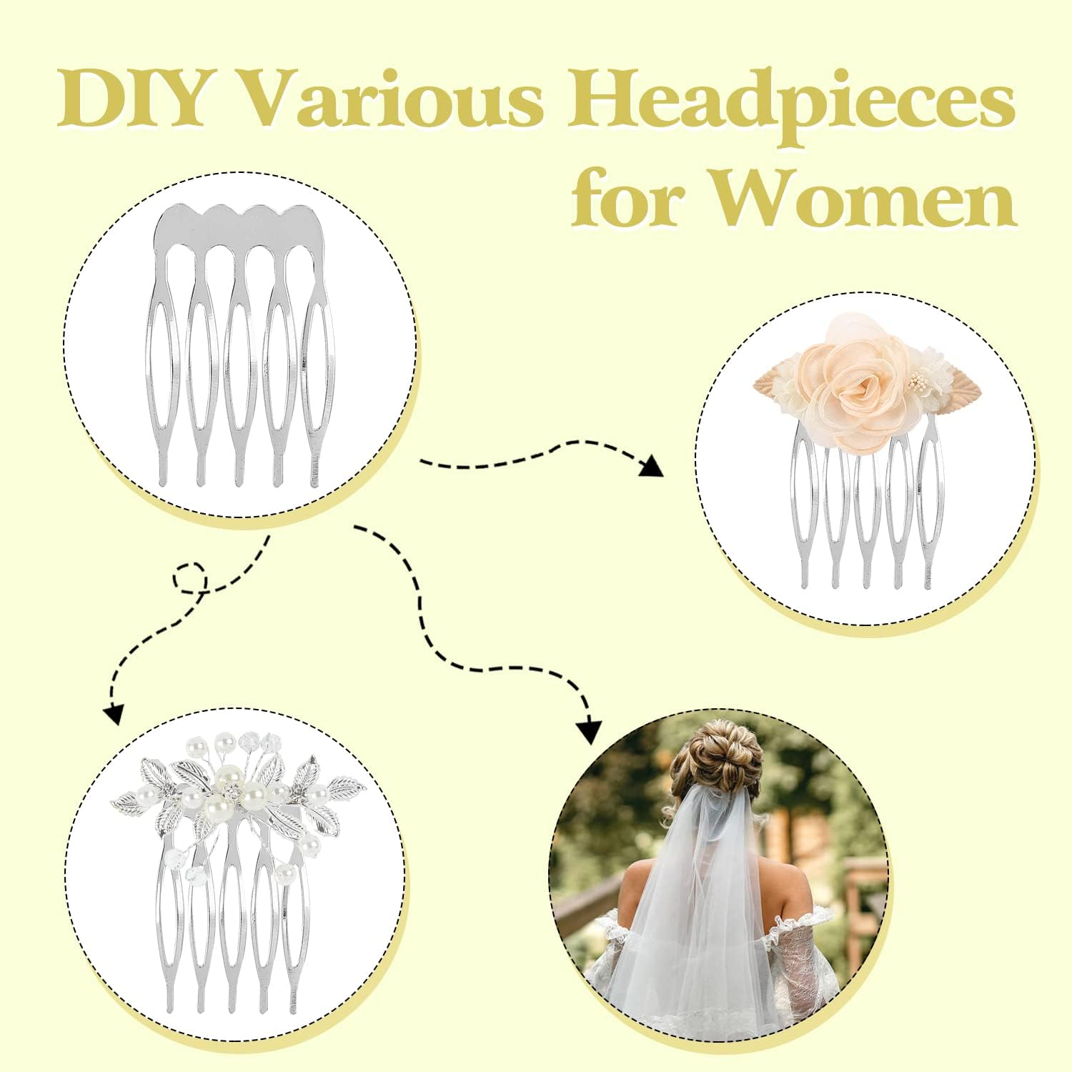 Pack of 20 Bulk 5 10 Teeth Silver Metal Side Hair Combs Plain Blank Craft DIY Wire Sliding Combs Wedding Bridal Veil Combs Decorative Headwear French Twist Updo Clips image number 2