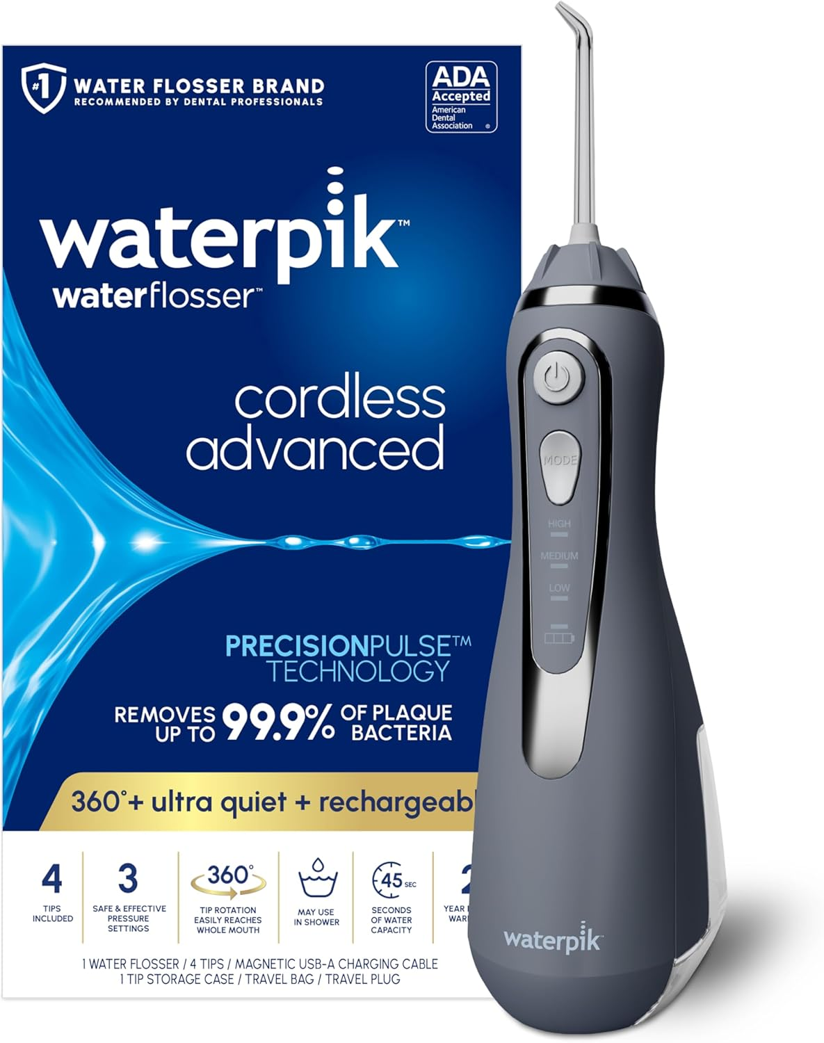 Waterpik Cordless Advanced 2.0 Water Flosser for Teeth, Gums, Braces, Dental Care with Travel Bag and 4 Tips, ADA Accepted, Rechargeable, Portable, and Waterproof, Black WP-582, Packaging May Vary