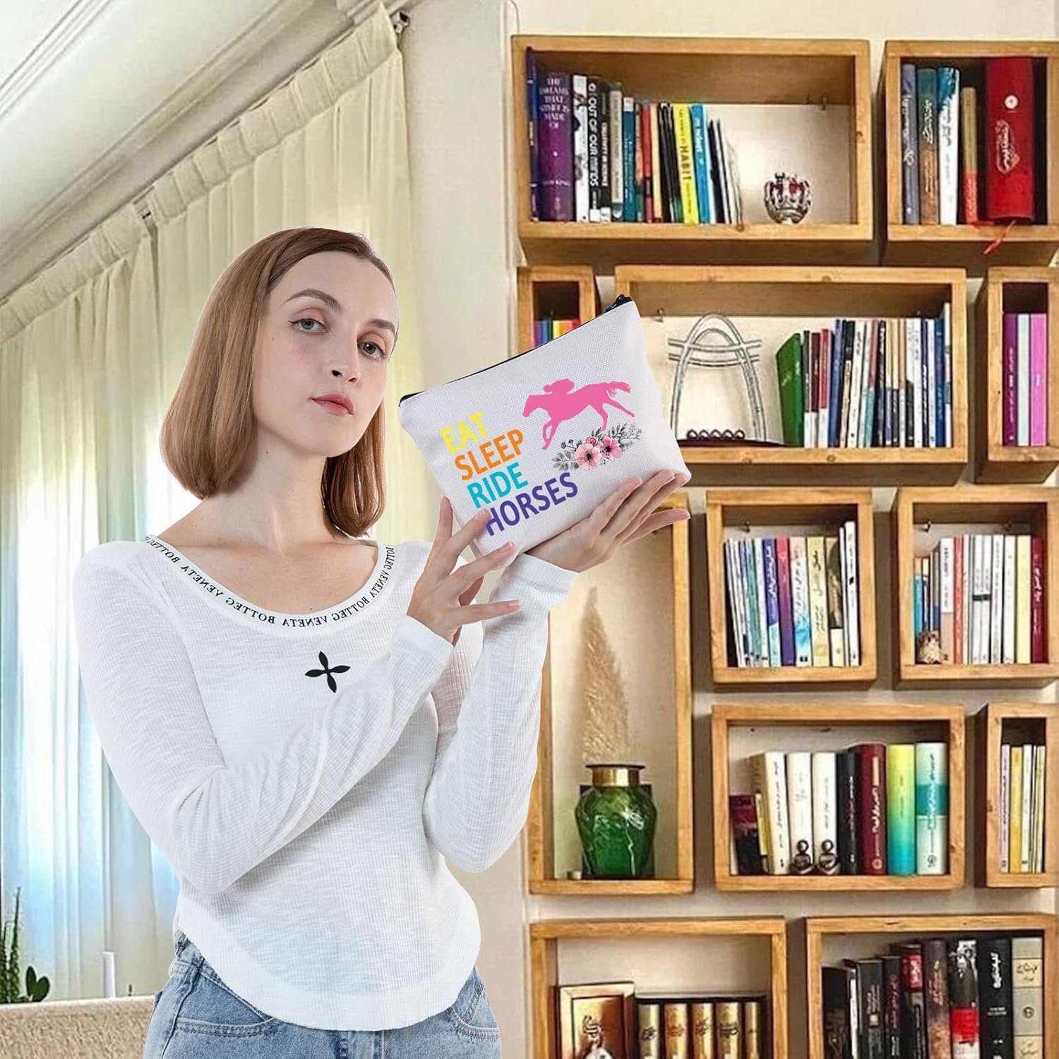 LEVLO Horse Riding Cosmetic Bag Horseback Riding Gift Eat Sleep Ride Horses Makeup Zipper Pouch Bag Horse Racing Merchandise, Eat Sleep Ride Horses, Make up Bag image number 1