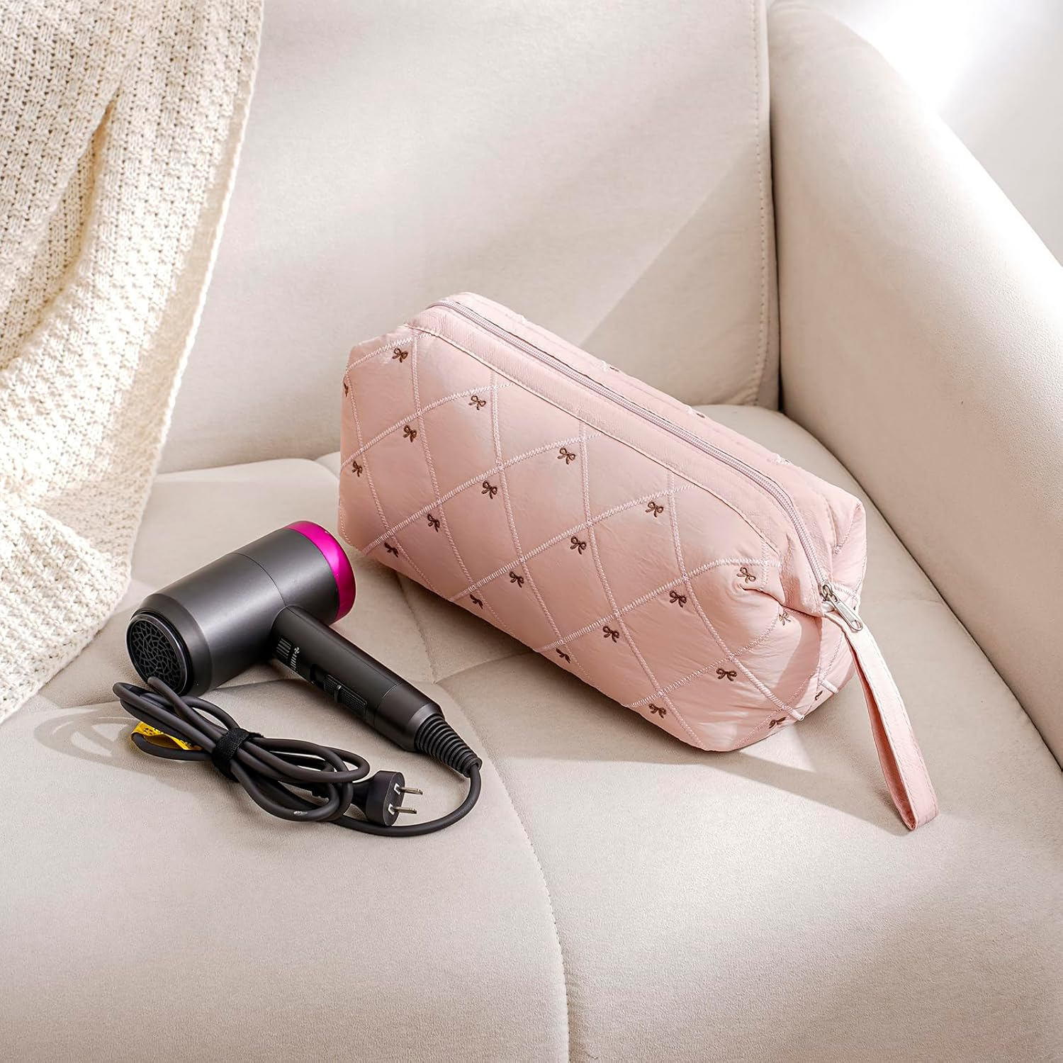 RSRSLEII Large Quilted Hair Tools Travel Bag with Bow Pattern,Waterproof Hair Styling Accessories Storage Case for Shark Flexstyle, Dyson Airwrap Hair Dryer, Curling Iron, Revlon Hair Tools, 03Beige