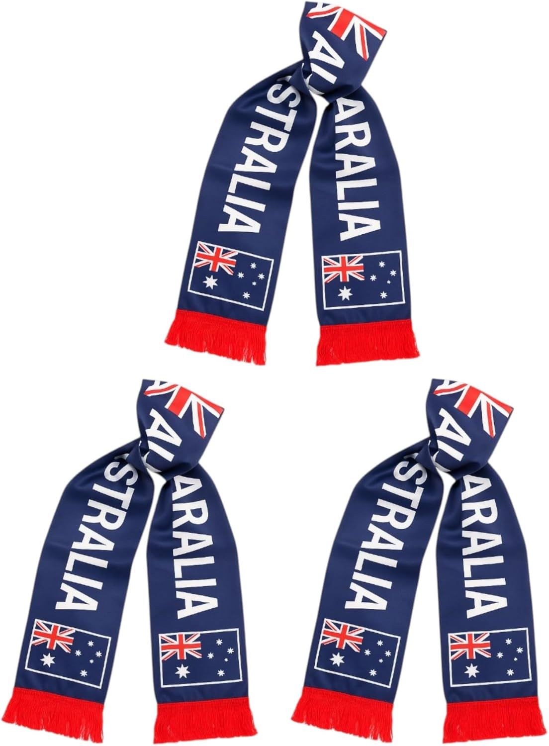 Australian Flag Scarf with Red Fringe &ndash; Blue Satin Australia Day Costume Accessory with Printed Flag and Text &ndash; Available in 1, 3, 5 or 10 Pack Sets for Events or Parties image number 1