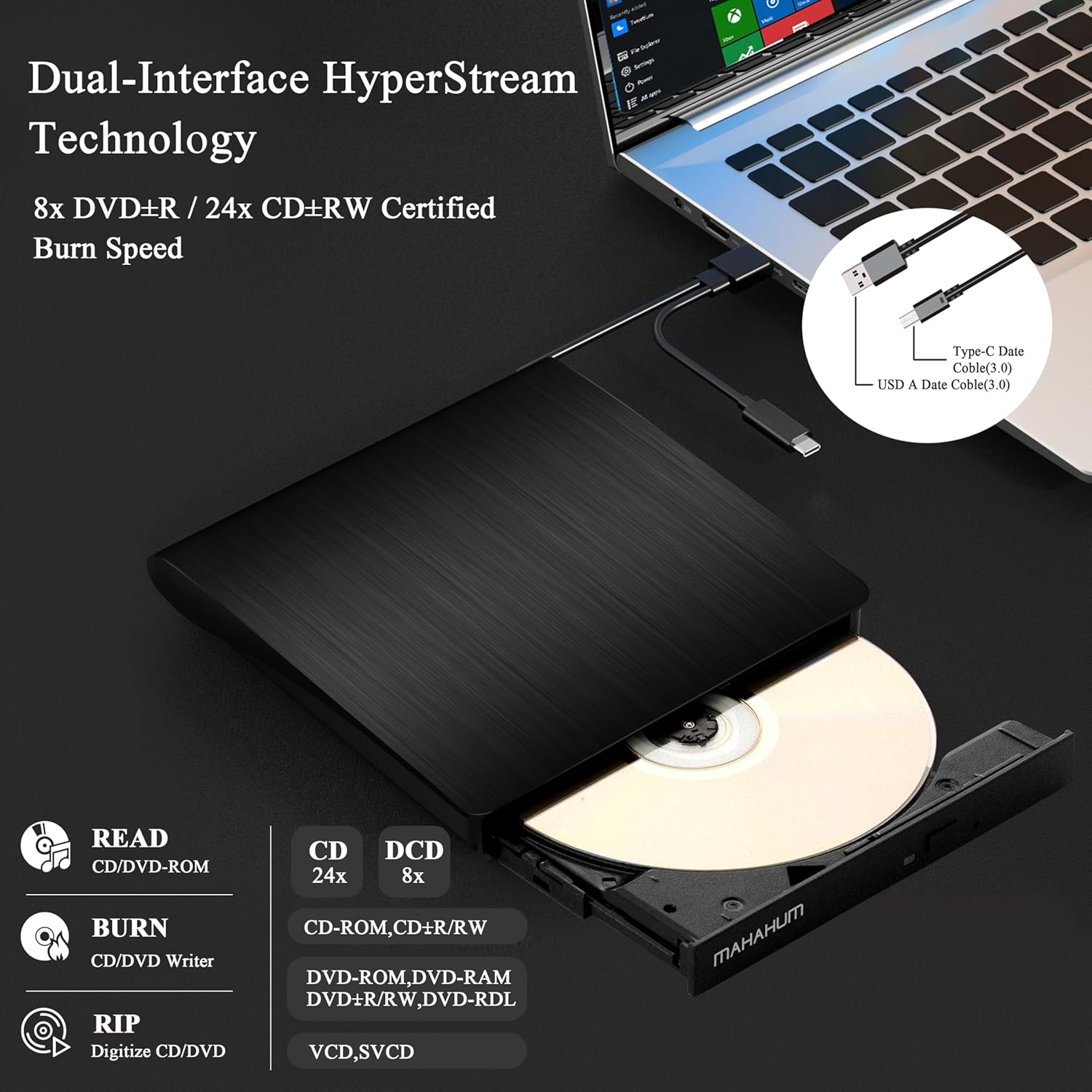 MAHAHUM External CD/DVD Drive for Laptop USB 3.0 & USB C CD Player Portable Ultra-Slim External DVD Drive Compatible with Laptop Desktop PC Mac OS Mac Macbook Pro/Air Windows 11/10/8/7 Linux（Black）