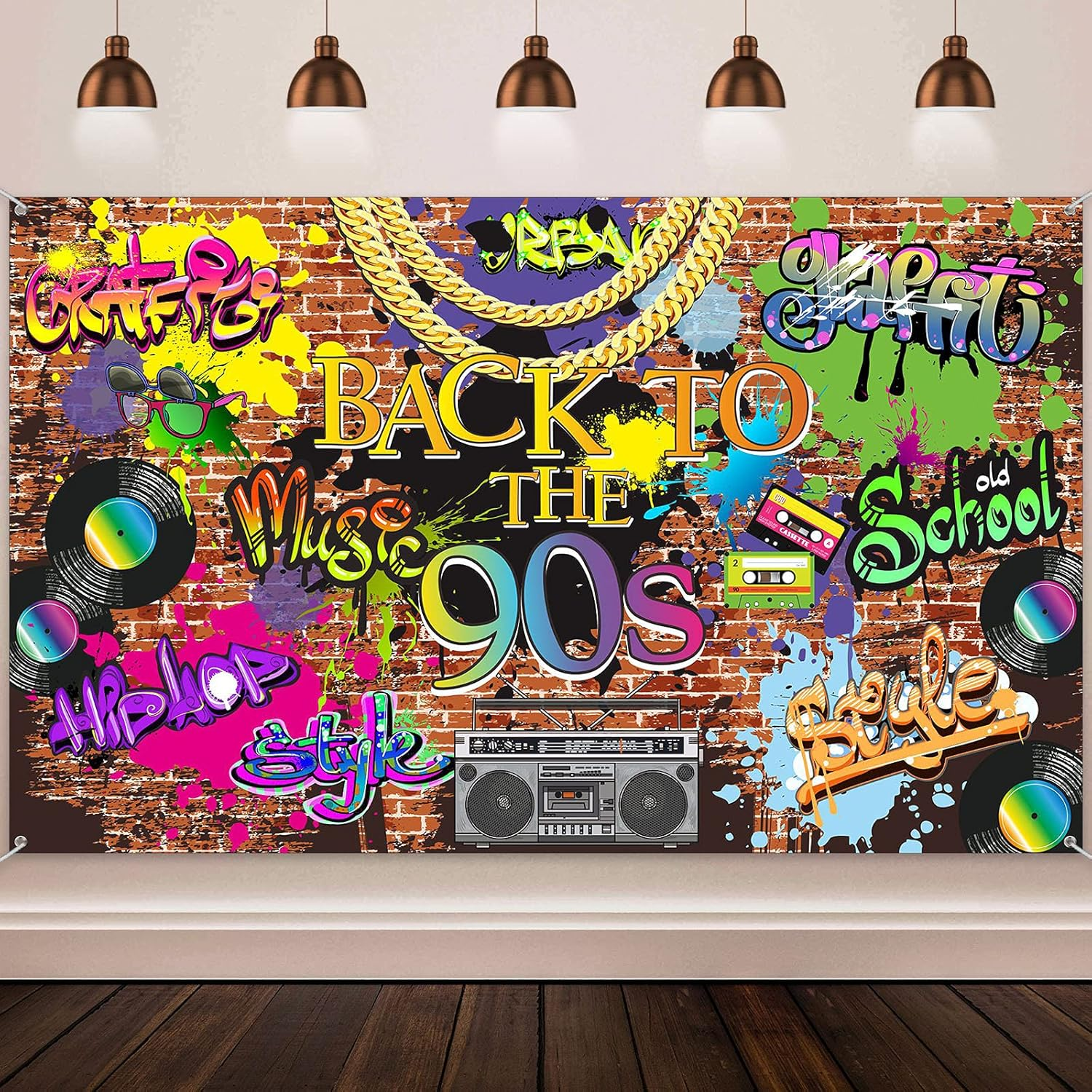 90'S Backdrop Hip Hop Graffiti 90S Party Decorations 5.9 X 3.6 Ft Back to the 90'S Themed Party Banner Brick Wall Retro Radio Photography Background Vinyl Fabric Wall Table Decors Photo Booth Props image number 2