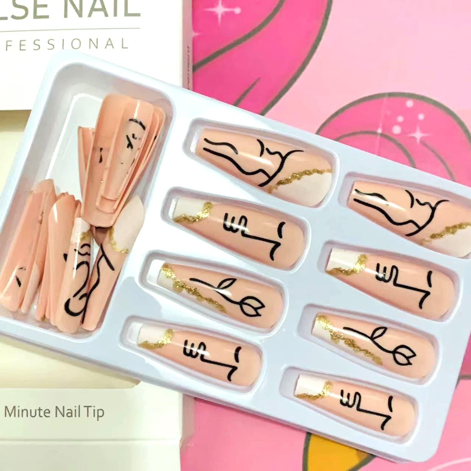 Medium Length Press on Nails, Artificial Acrylic Fake Nails for Women, 24PCS Full Cover Reusable False Nails Kits, Abstract Face Nails Design, Glue on Nails Fake Nails image number 2