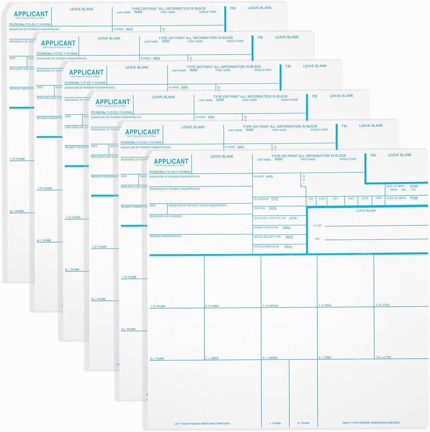 National Gun Trusts - Made in the USA - FD 258 Fingerprint Cards 2025, 10 Pack - 11-1-20 Version