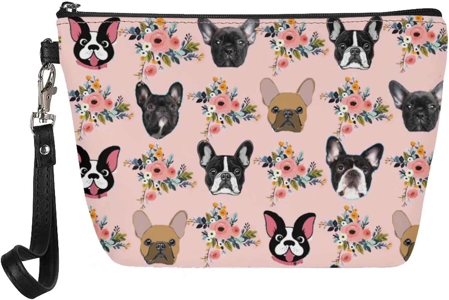 Mumeson Boston Bulldog and Flower Print Women Leather Trapezoid Toiletry Bag,Pink