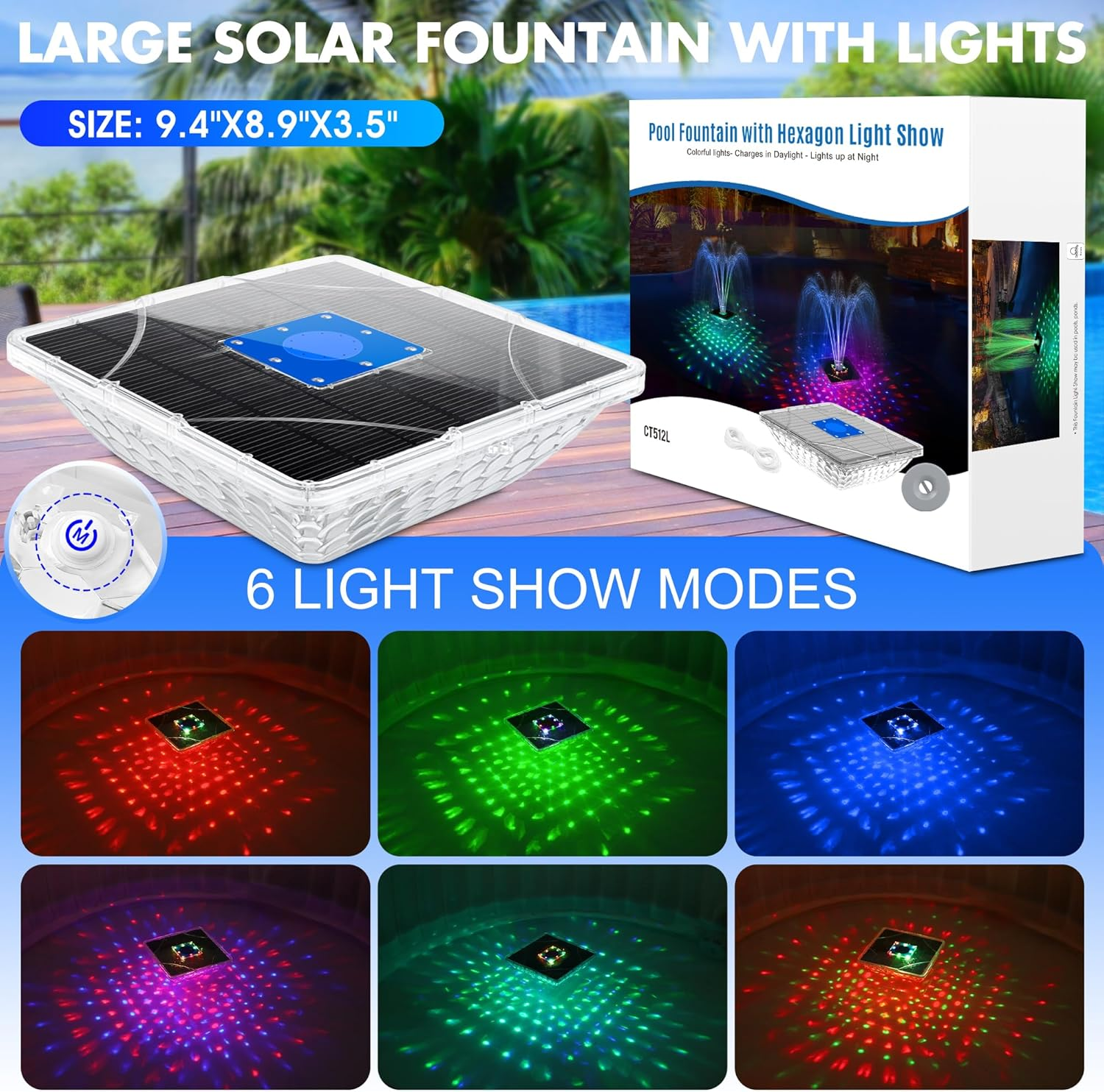 Solar Fountain for Outdoor Use with Underwater Lights, 24 X 24 Cm Solar Fountain, 2 Modes Fountain, Pool Floating, Pool Water Fountain with Anchor, Solar Fountain for Pond, Pool, Garden image number 3
