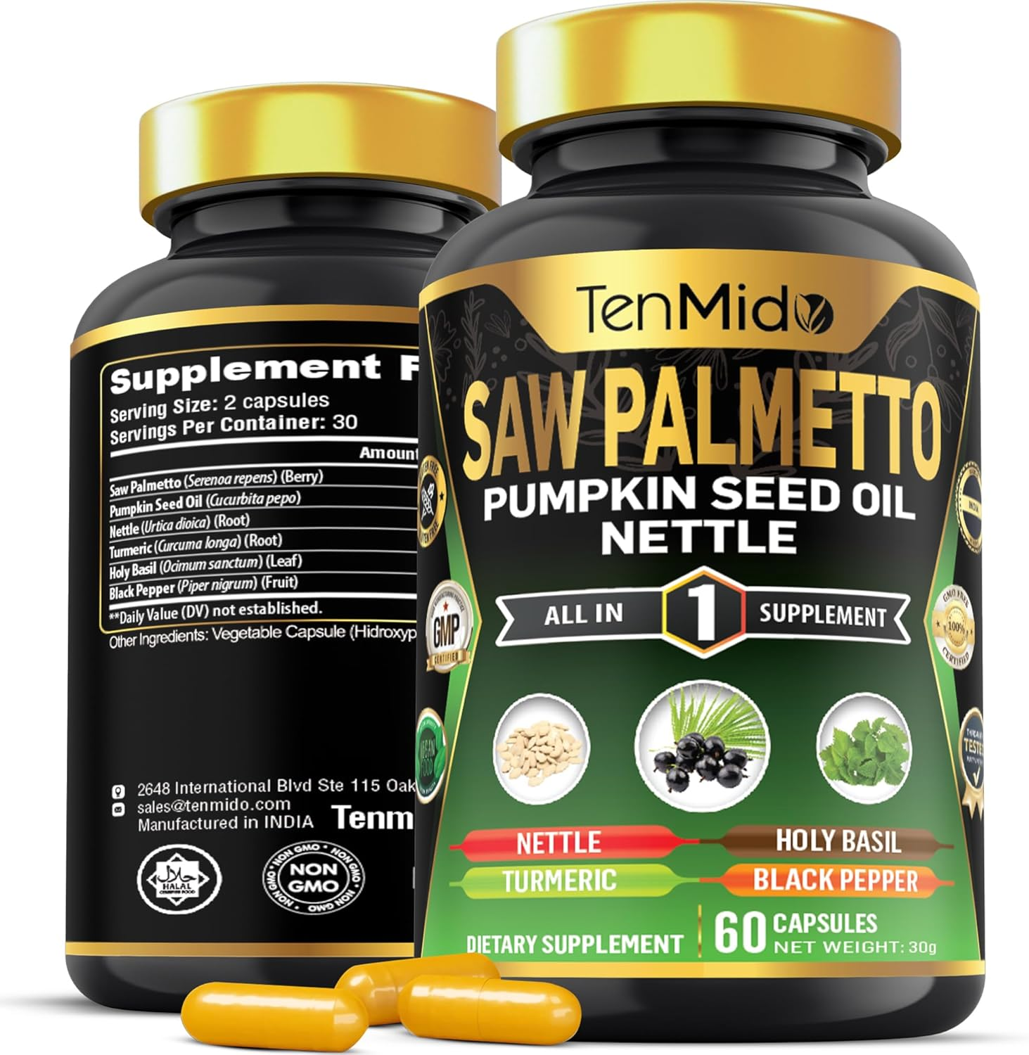 Saw Palmetto Supplement - 6In1 Blend with Pumpkin Seed Oil, Stinging Nettle, Turmeric, Holy Basil & Black Pepper - 60 Vegan & Non-Gmo Capsules image number 3