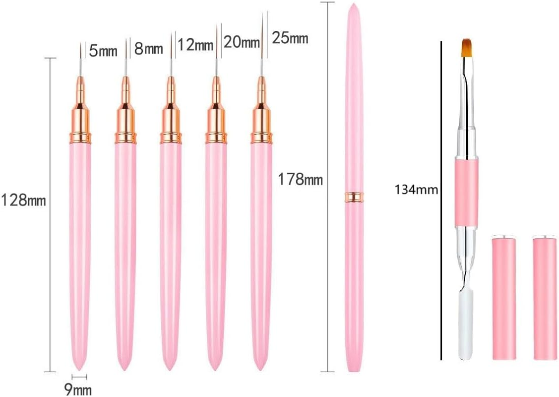 HIGHROCK 5PCS Nail Art Liner Brushes, Elongated Lines Nail Painting Drawing Pen Detailer Thin Liner,1Pc Dual-Ended Polygel Brush & Picker Brush Tool (PINK)
